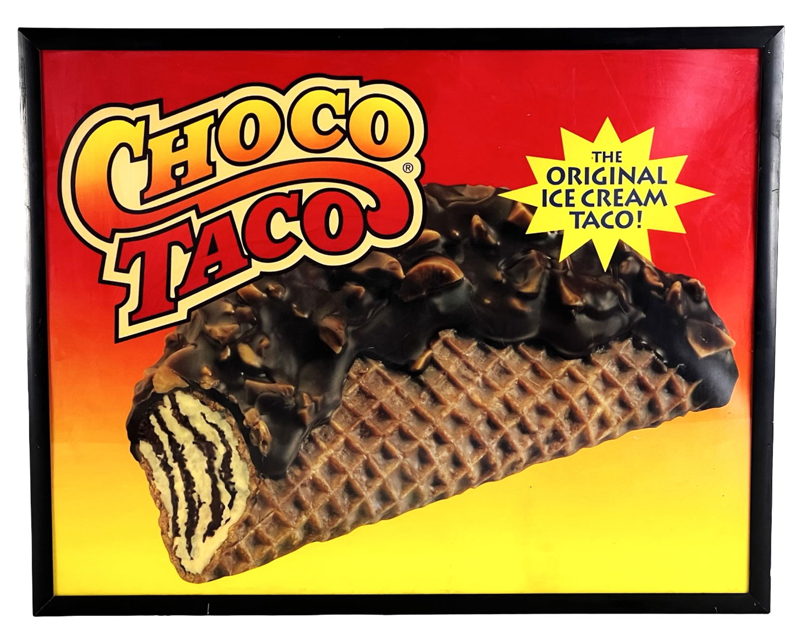 Choco Taco Ice Cream Lighted Advertising Sign: Original vintage illuminated "Choco Taco - The Original Ice Cream Taco!" advertising sign, reportedly used in Taco Bell locations during the 1980s. Features the bold red-to-yellow gradient background