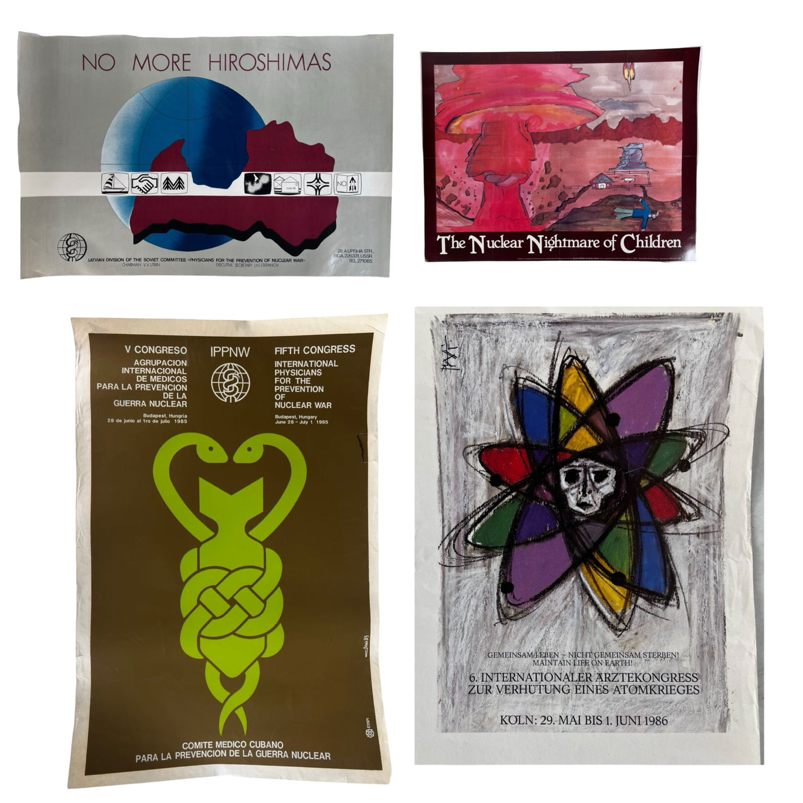 Four Cold War Anti-Nuclear Protest Posters: Group of four original Cold War anti-nuclear protest posters dating to the mid-1980s, reflecting the global peace movement and international efforts toward nuclear disarmament.Included is "No More