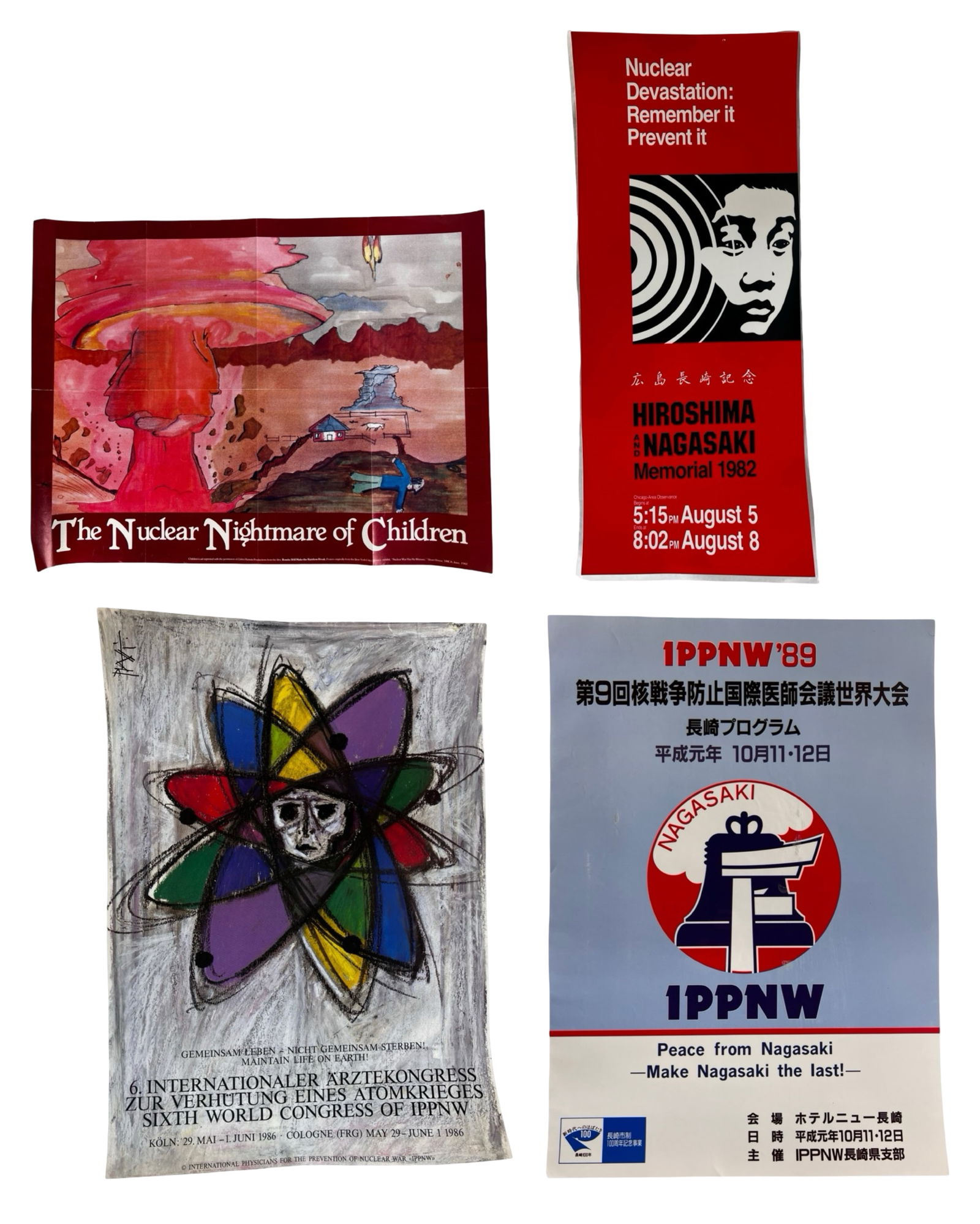 Four Cold War Anti-Nuclear Protest Posters: Group of four original Cold War anti-nuclear protest posters dating from the 1980s, centered on Hiroshima and Nagasaki remembrance and the international peace movement.Included is "The Nuclear