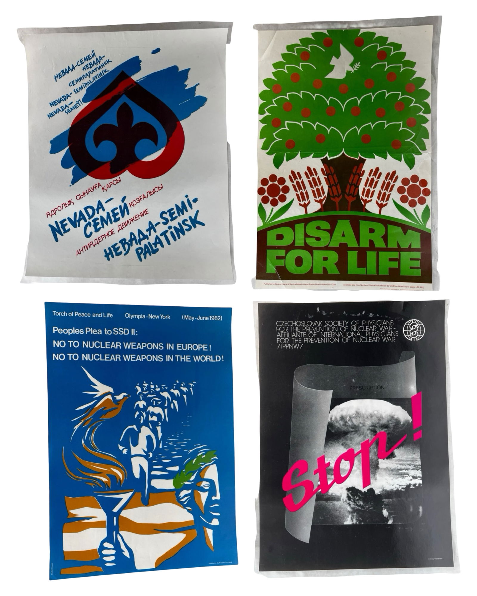 Four Cold War Anti-Nuclear Protest Posters: Group of four original Cold War era anti-nuclear protest posters representing international peace and disarmament movements of the late 20th century.Included is a "Nevada-Semey /