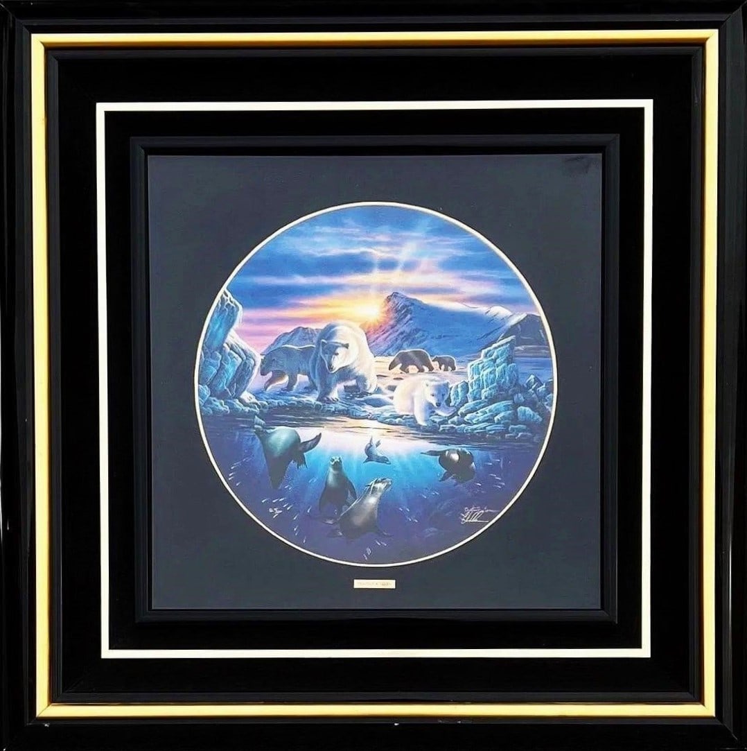 Christian Riese Lassen - "Arctic Odyssey" Signed: This stunning offset lithograph titled "Arctic Odyssey" by renowned artist Christian Riese Lassen captures a breathtaking Arctic scene featuring polar bears, seals, and a vivid icy landscape under
