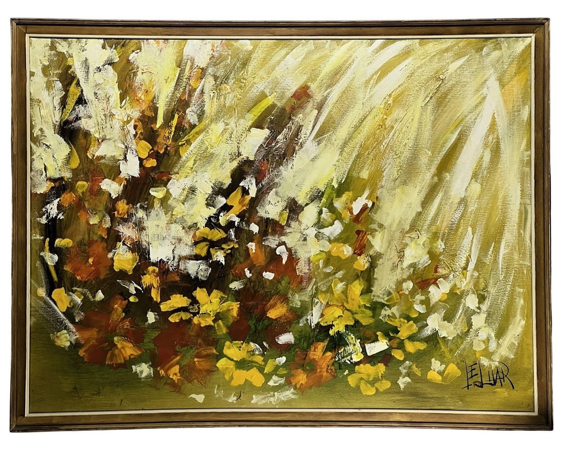 Large MCM Mid Century Flower Field Oil Painting: Bursting with bold impasto texture and expressive palette knife strokes, this large mid-century oil painting captures the energetic bloom of a wildflower field in warm golden tones. A profusion of