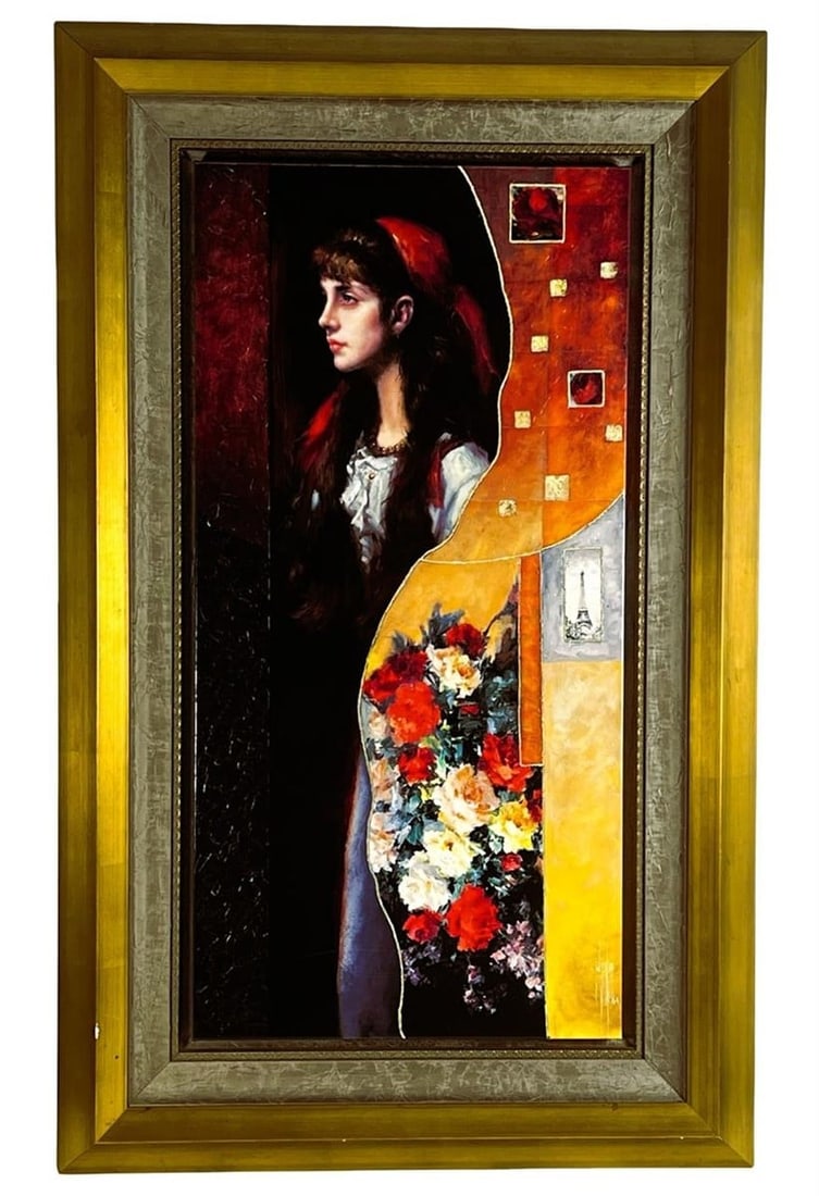 Manaz - "Simone" Limi Ed Hand-Embellished Giclee: Striking and emotionally rich, "Simone" by Manaz features a portrait of a young woman gazing contemplatively to the side, enveloped in a unique fusion of classical realism and modern abstraction. The