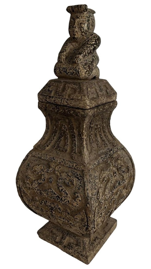 Chinese Earthenware Covered Vase - Figural Finial (1 of 7)