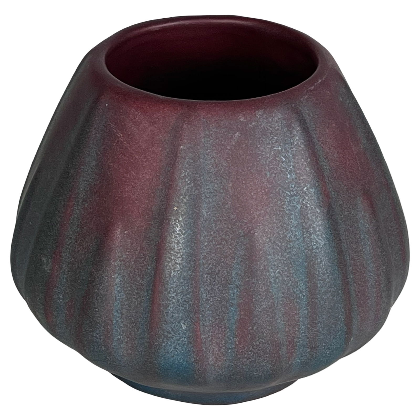 Van Briggle Pottery Persian Rose / Mulberry Vase: Classic 1920s Van Briggle pottery vase in the desirable Persian Rose (Mulberry) glaze. The piece features a softly flared, scalloped form with subtle vertical ribbing and a rich matte glaze blending d