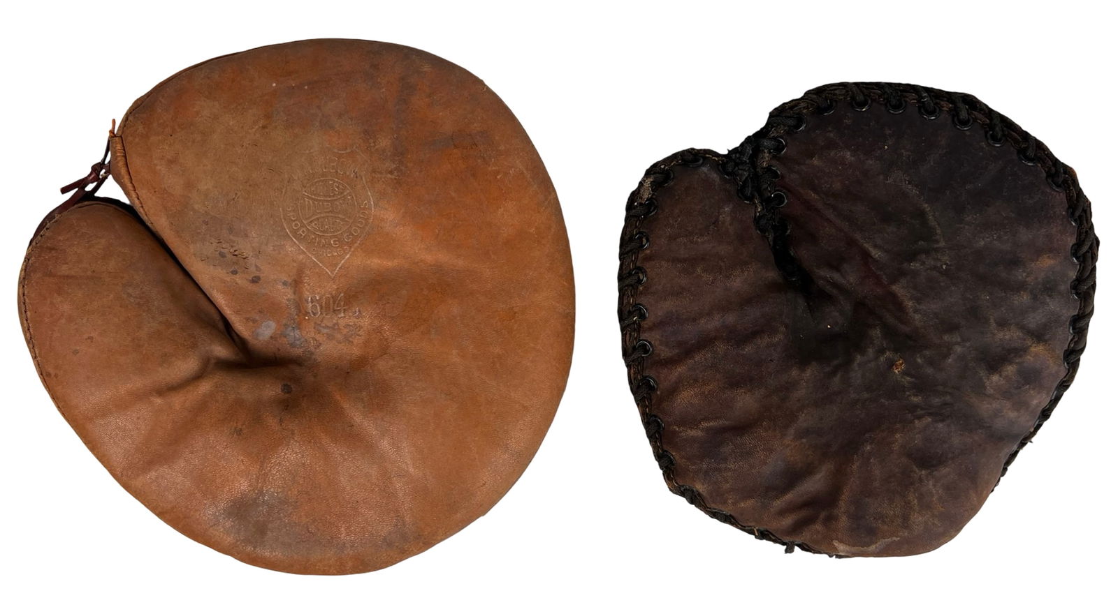 Antique Turn of the Century Youth Catcher's Mitts: Pair of antique turn-of-the-20th-century youth catcher's mitts including a Dubow Model 604S and a Draper & Maynard example.Each mitt shows heavy age-related wear including surface dryness, darkened