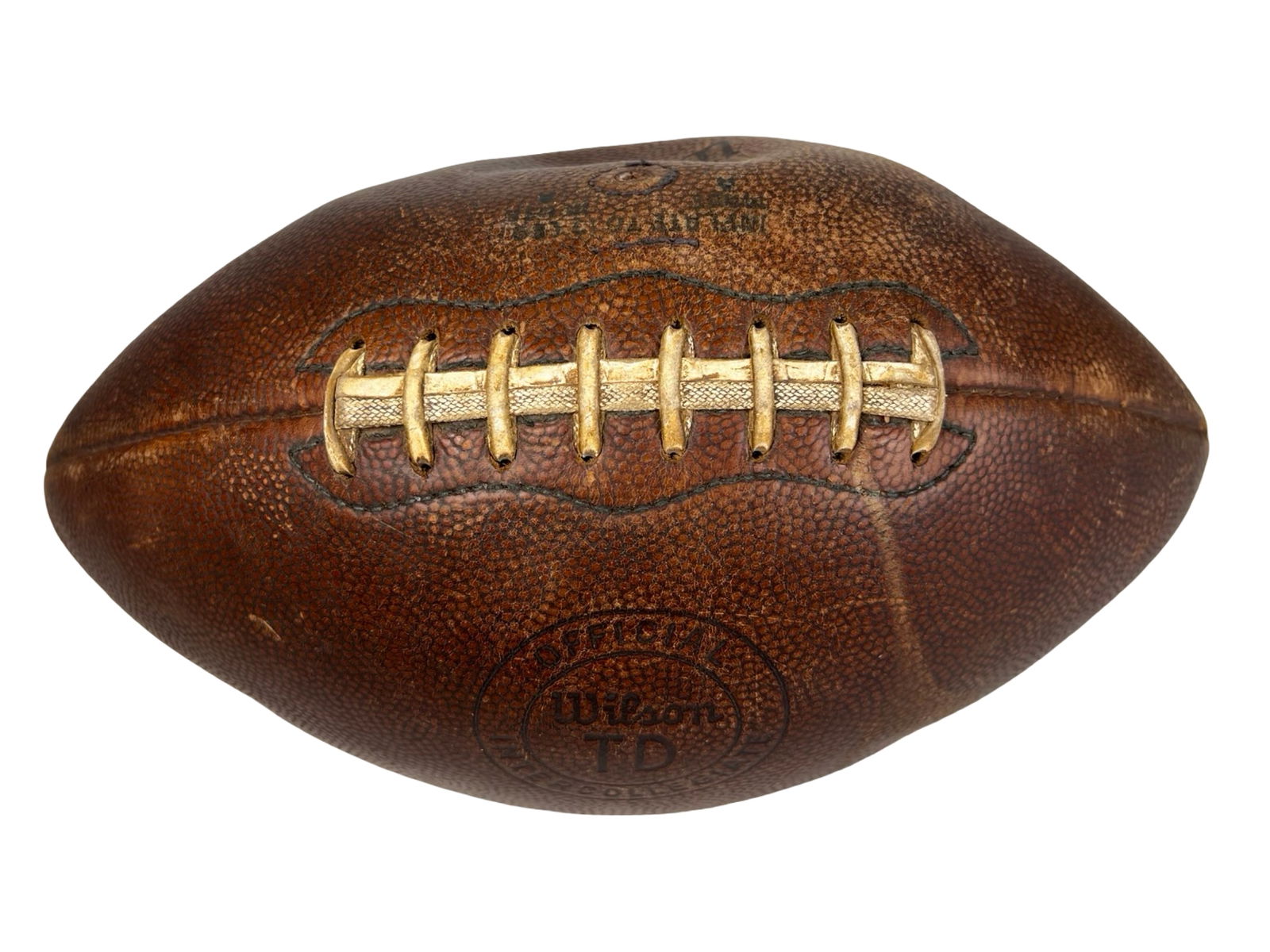 1950s Wilson TD Intercollegiate Leather Football: 1950s Wilson TD Intercollegiate football featuring classic brown pebbled leather construction with white laces and stamped "Official" Wilson TD markings. The ball displays strong period character