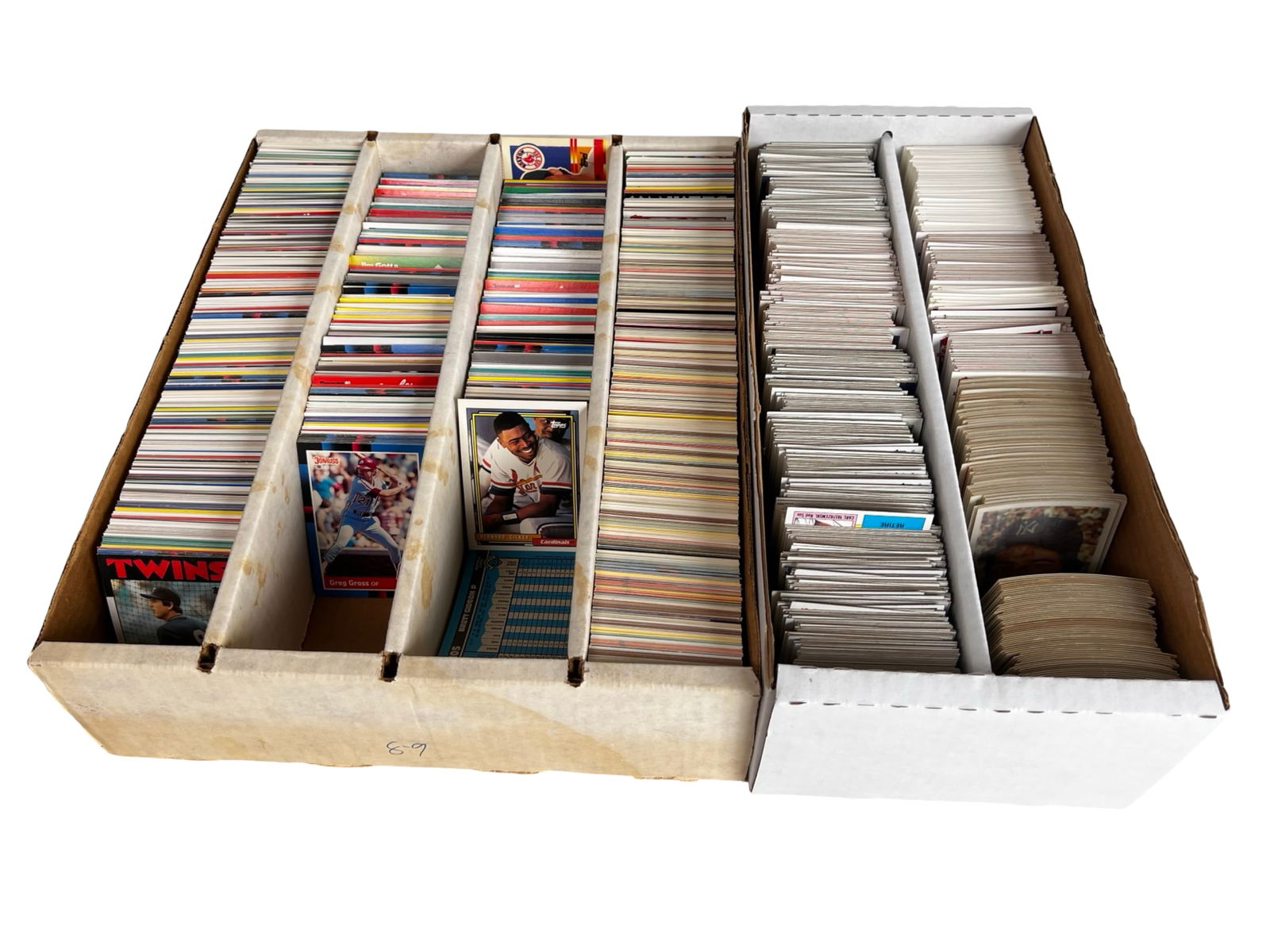 Two Jumbo Storage Boxes of Baseball Trading Cards: Substantial accumulation of baseball trading cards housed in two full-size jumbo storage boxes. Thousands of cards spanning multiple brands, series, and years, with a strong concentration of late