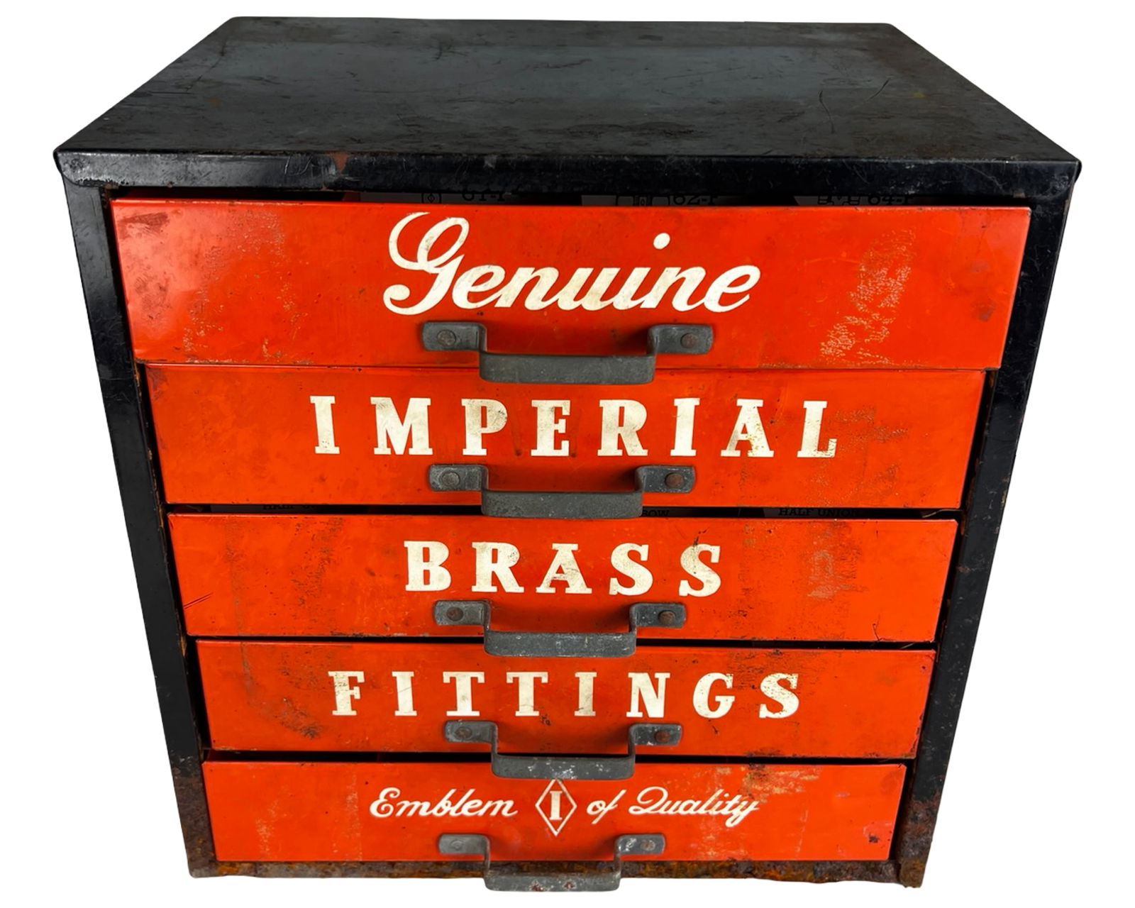Vintage Imperial Brass Fittings Metal Cabinet: Vintage Imperial Brass Fittings countertop display cabinet featuring five original red metal drawers boldly labeled "Genuine Imperial Brass Fittings - Emblem of Quality." This classic hardware store