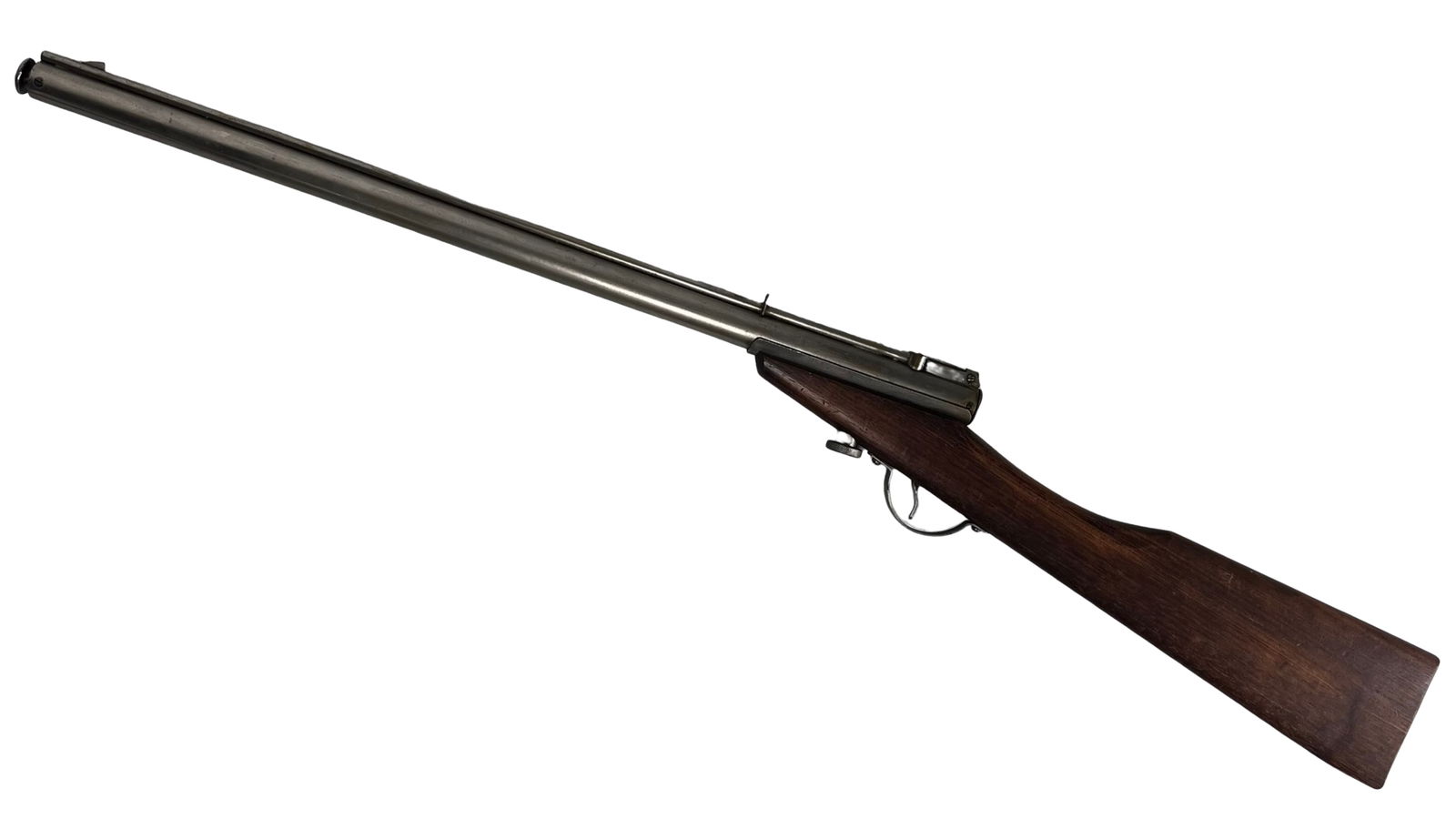 Benjamin Model E Front Pump Air Rifle: Vintage Benjamin Model E front pump air rifle manufactured in St. Louis, Missouri. Classic American multi-pump pneumatic design with metal barrel and tube assembly and hardwood stock.The rifle pumps