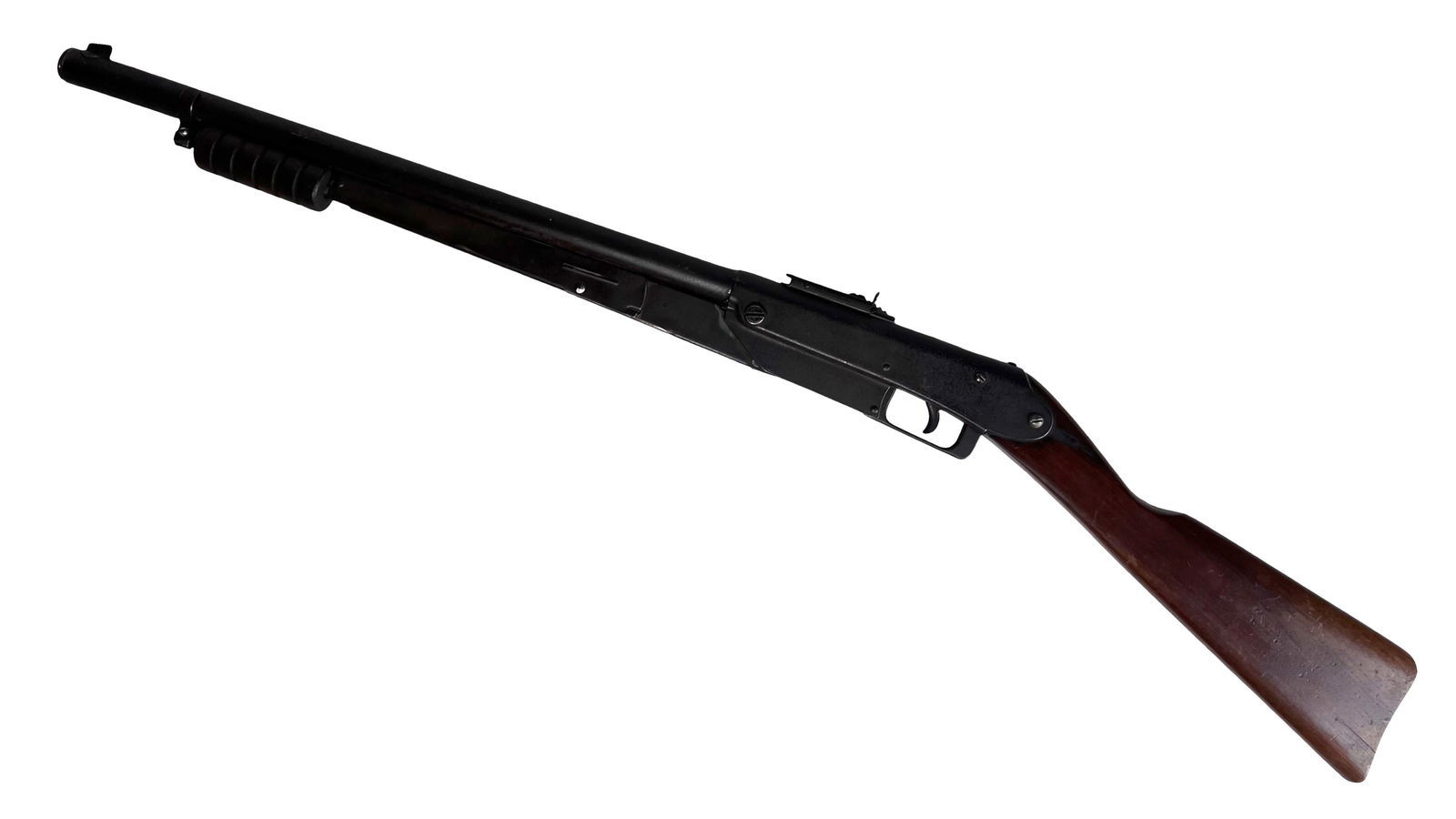 Daisy No. 25 Pump Action BB Rifle: Vintage Daisy Number 25 pump action BB rifle, marked "Daisy Mfg. Co., Plymouth, Mich., U.S.A." on the barrel. Classic gallery-style design with metal barrel and receiver, ribbed wood forearm, and