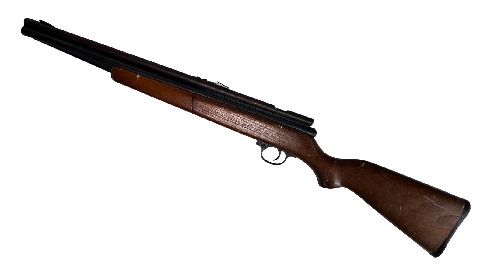 Crosman Model 1400 .22 Caliber Pellet Rifle: Vintage Crosman "1400" pellet rifle, marked "Fairport, N.Y., U.S.A., .22 Cal." Features metal barrel and receiver with wood stock and forearm, along with adjustable rear sight.Metal shows surface