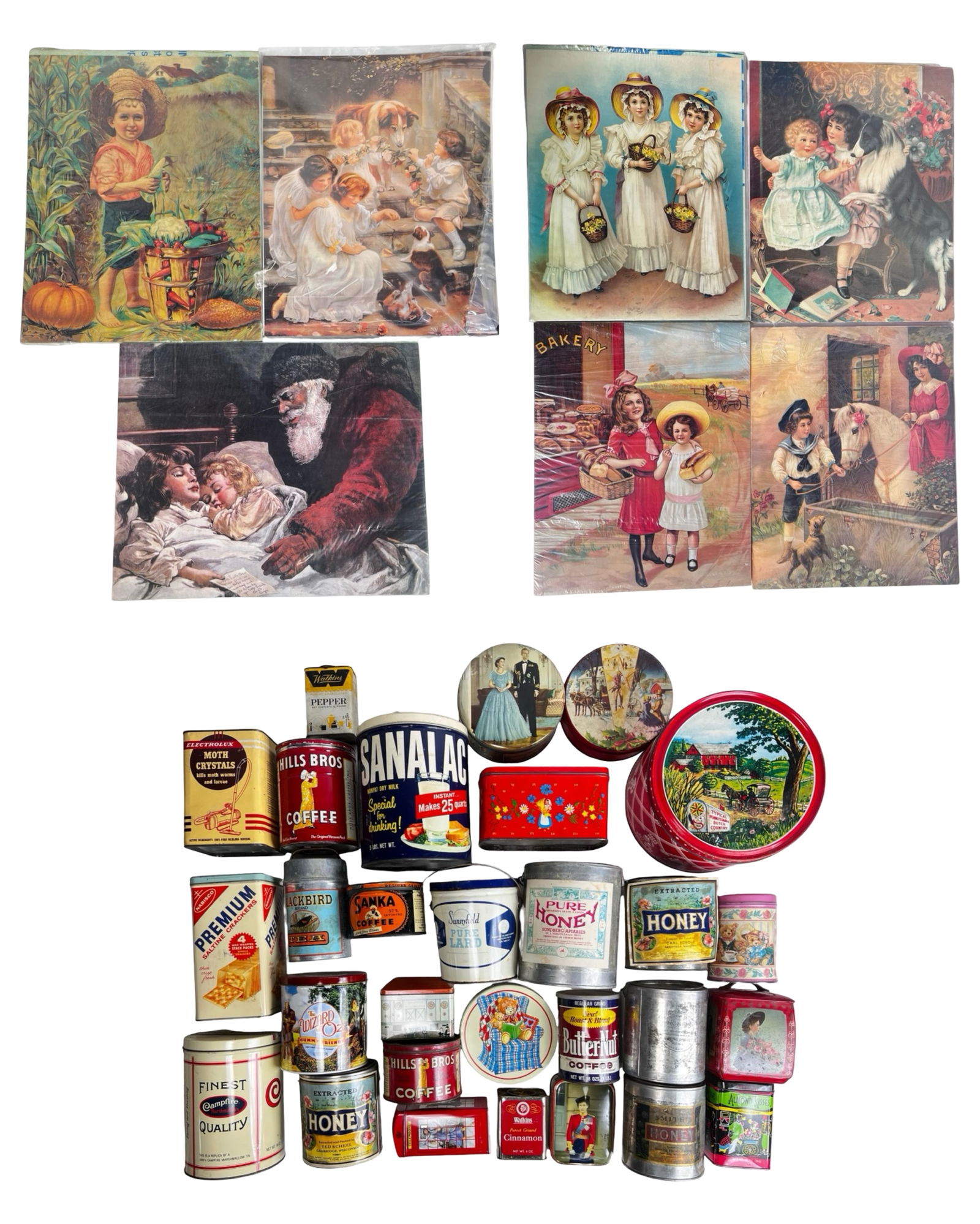 Vintage Lithographs & Advertising Tins - Honey, Co: Eclectic collection of vintage home décor and advertising items including colorful lithograph prints of children and Victorian-style scenes, along with a substantial grouping of mid-20th century adve