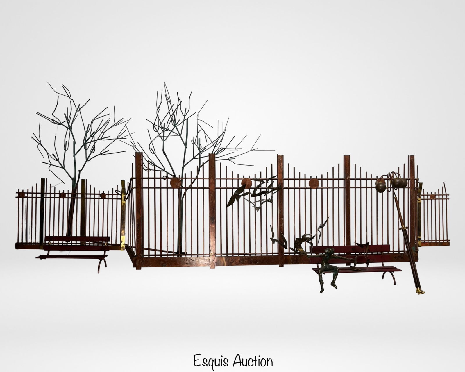 Curtis Jere Urban Park Scene Metal Wall Sculpture: Striking mixed metal wall sculpture titled "Urban Park Scene" by Curtis Jere, signed and dated 1972. This large-scale mid-century modern composition depicts a stylized city park setting rendered in