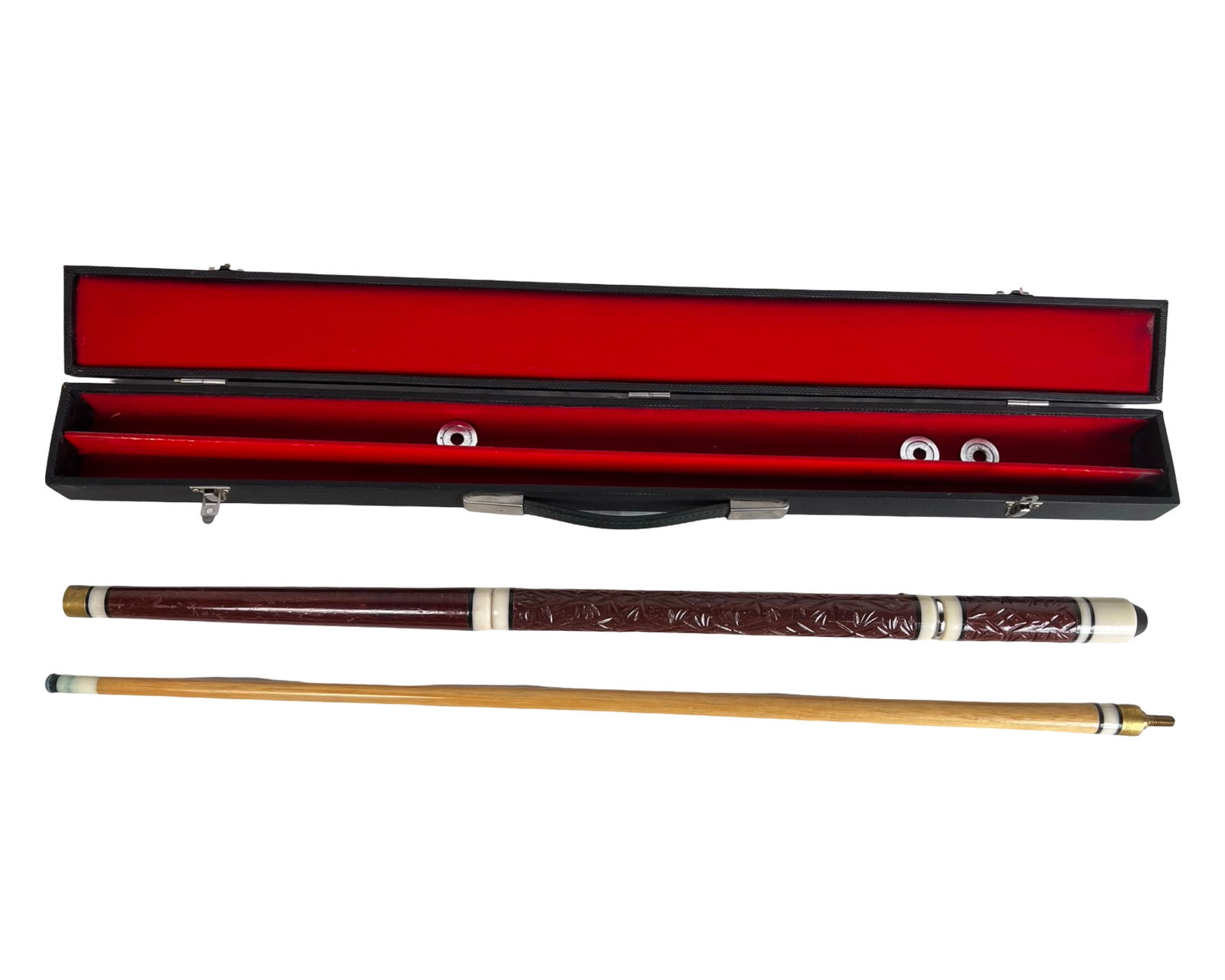 Champion Carved Tiki Wood Billiard Pool Cue: Champion two-piece billiard pool cue featuring a carved wood "Tiki" style butt with decorative relief pattern. The cue displays contrasting cream-tone and black accent rings, a dark stained carved han