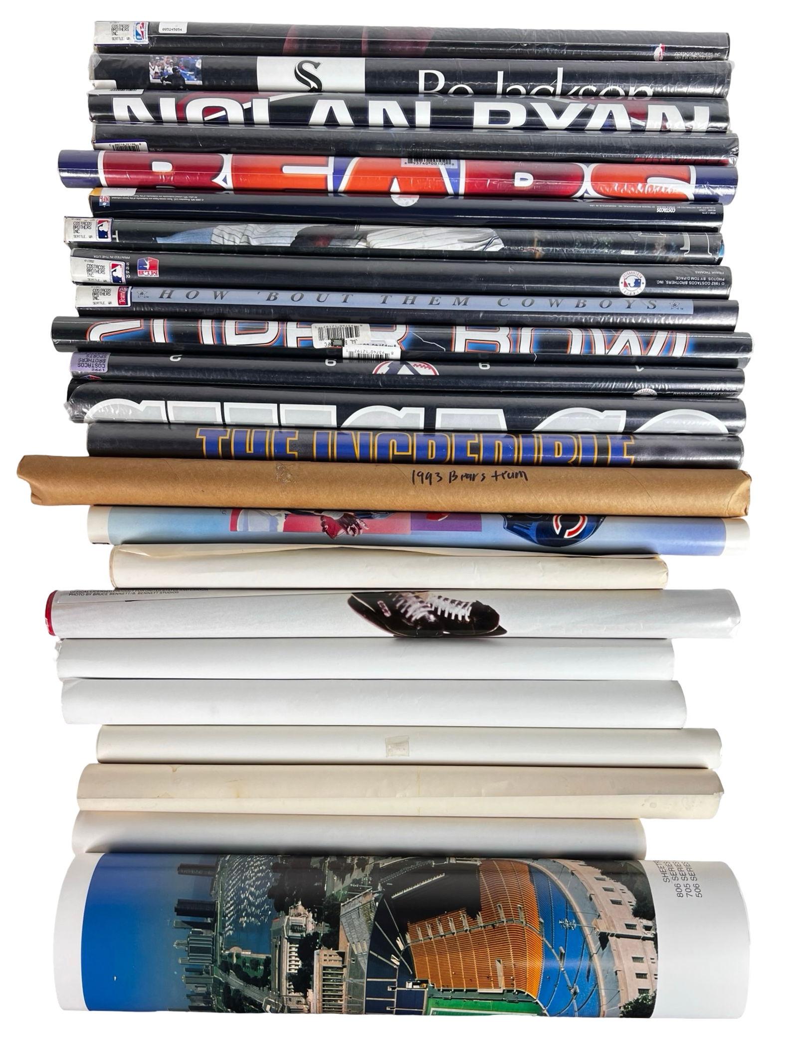 Collection of Vintage Sports Posters: Collection of vintage sports posters featuring a strong Chicago theme along with notable professional teams and athletes. Subjects include multiple Chicago Bears posters such as "Black-N-Blues Brother