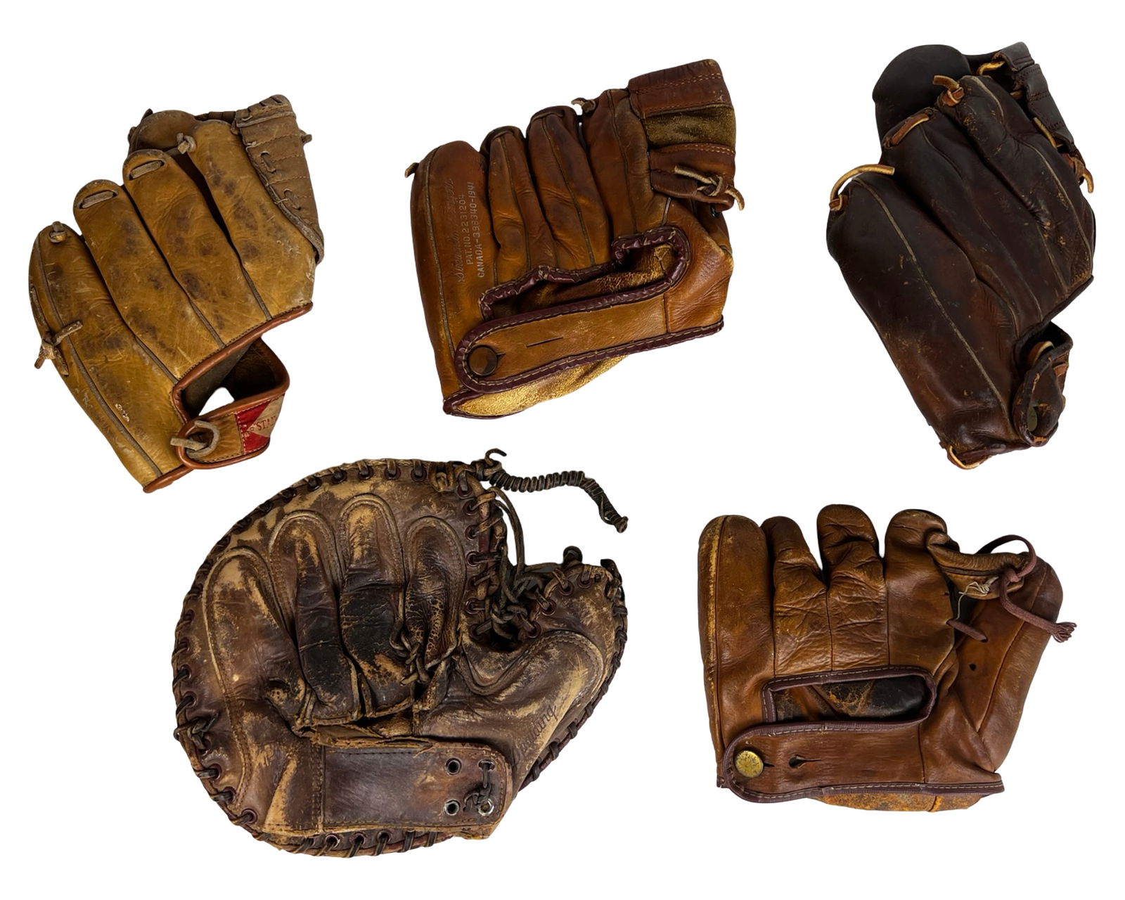 Lot of 5 Vintage Baseball Gloves from 1930s-1960s: Group of five vintage baseball gloves spanning the mid-20th century, including the following player and model examples:Sears Ron Mueller ModelStan "The Man" Cup Trap GloveRawlings "The Playmaker"