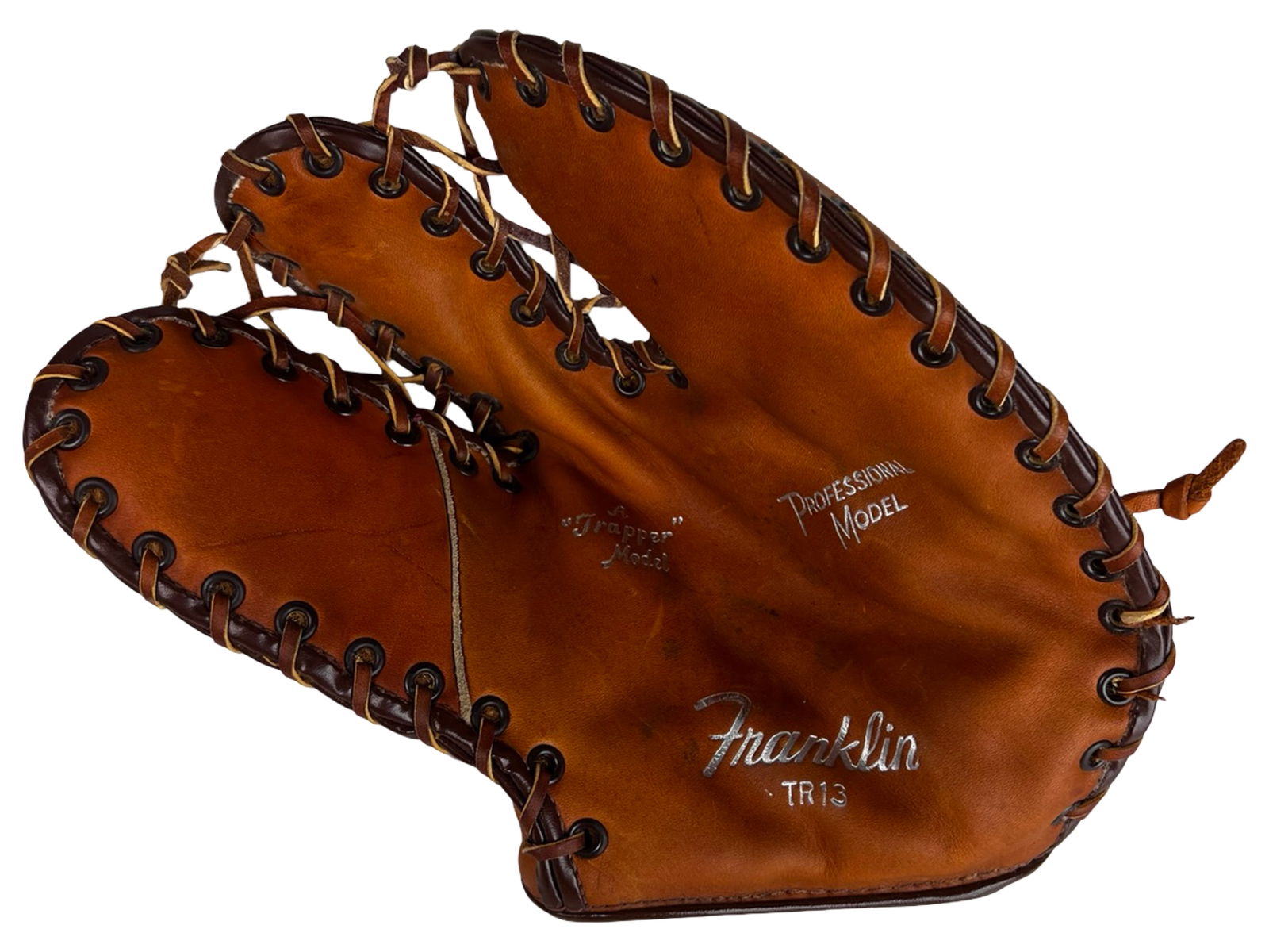1950s Franklin "A Trapper" TR13 First Base Mitt: Vintage 1950s Franklin "A Trapper" Professional Model TR13 first base mitt featuring classic mid-century styling and high-quality leather construction. Condition appears very good for its age, with