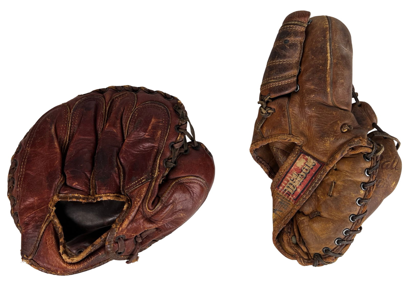 Vintage Baseball Gloves - Wilson A2114 Ball Hawk 1: Pair of vintage baseball gloves including a Wilson A2114 "Ball Hawk" model and one unidentified glove dating to the 1940s-1950s era. Both show visible age and use, with wear to leather, lacing, and