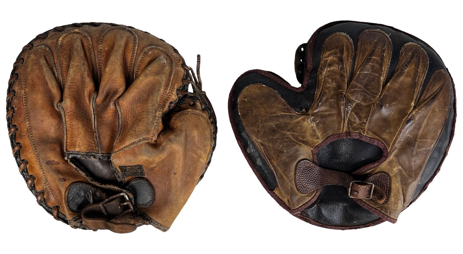 Pair of 1920s-30s Catcher's Mitts - Draper Maynard: Pair of antique catcher's mitts dating to the 1920s-1930s, including one example by Draper Maynard and a second early buckle-back style mitt.The Draper Maynard mitt features classic crescent-style