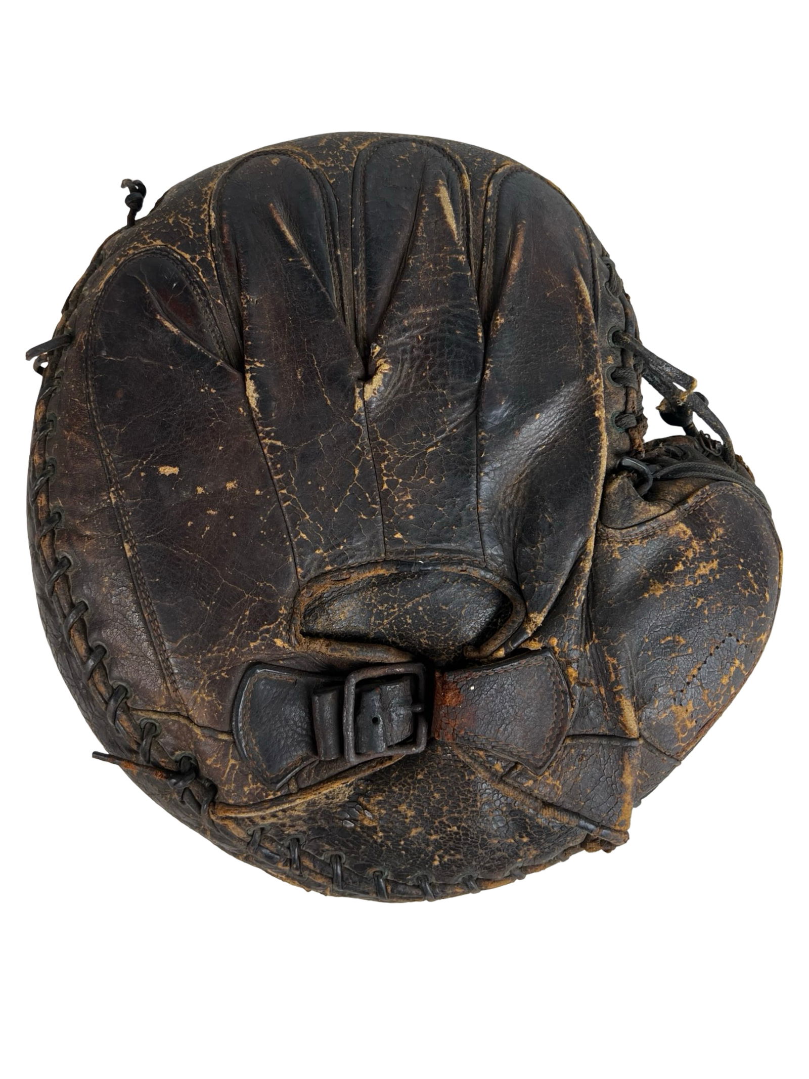 Antique 1910-1920 Buckle Back Catcher's Mitt: Early 20th century catcher's mitt dating to approximately 1910-1920, featuring classic buckle back construction. This example displays the desirable full back strap with metal buckle adjustment, a