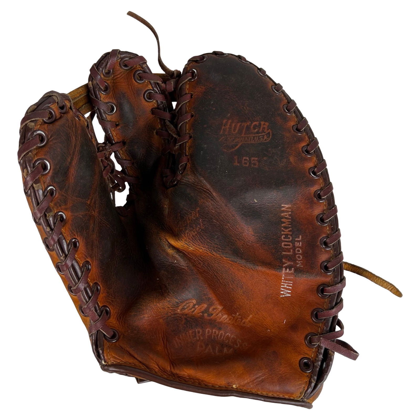 Hutch Whitey Lockman Model 165 Baseball Glove: Vintage Hutch Model 165 baseball glove endorsed by Whitey Lockman. The glove features rich brown leather construction with heavy perimeter lacing and a classic mid-century fielder's design. A desirabl
