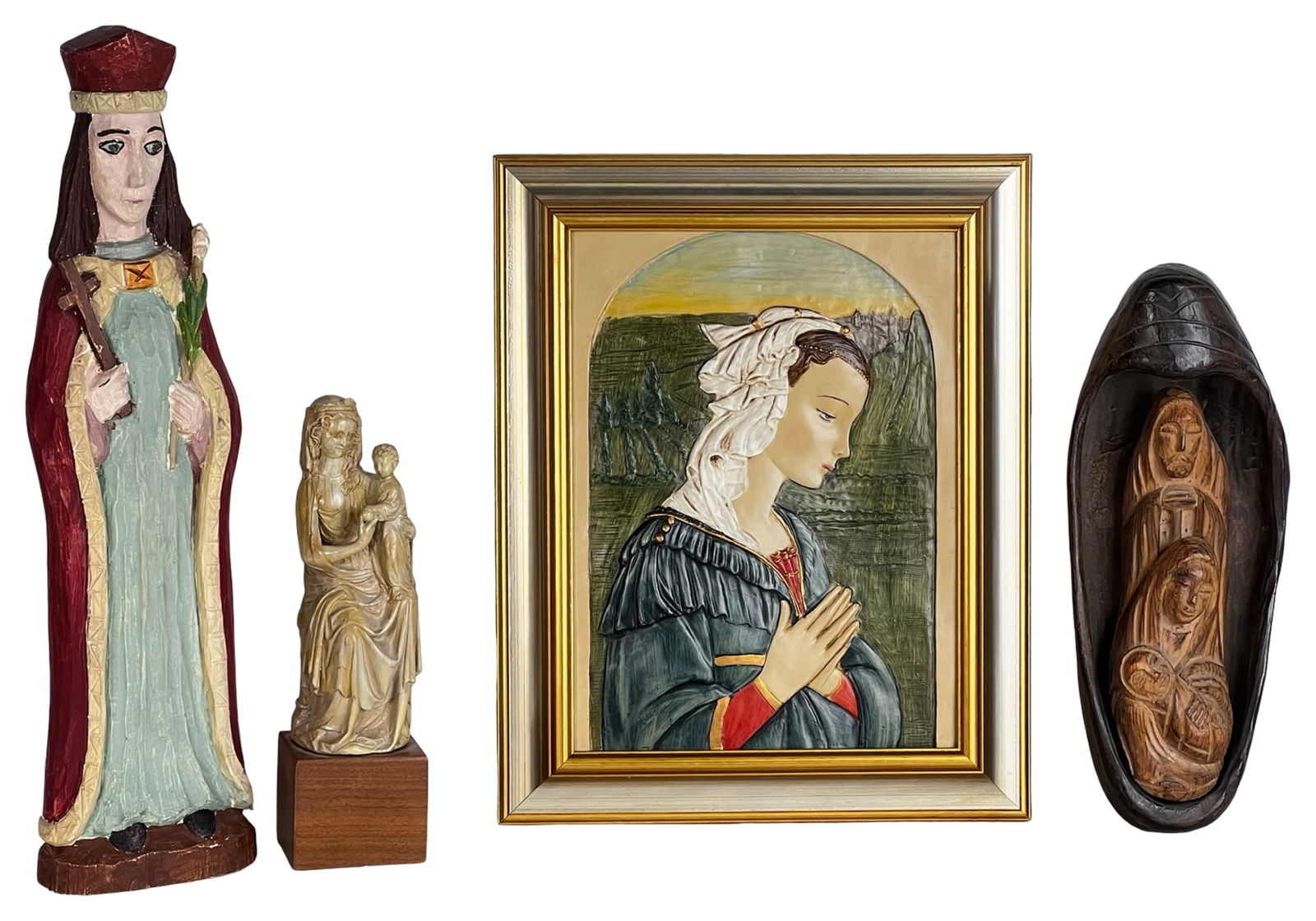 Four Religious Art Pieces- Madonna & Child: Group of four religious art pieces including a 1982 Alva Studios museum reproduction Madonna and Child; a molded relief artwork depicting the Madonna, based on the painting Madonna and Child with Two