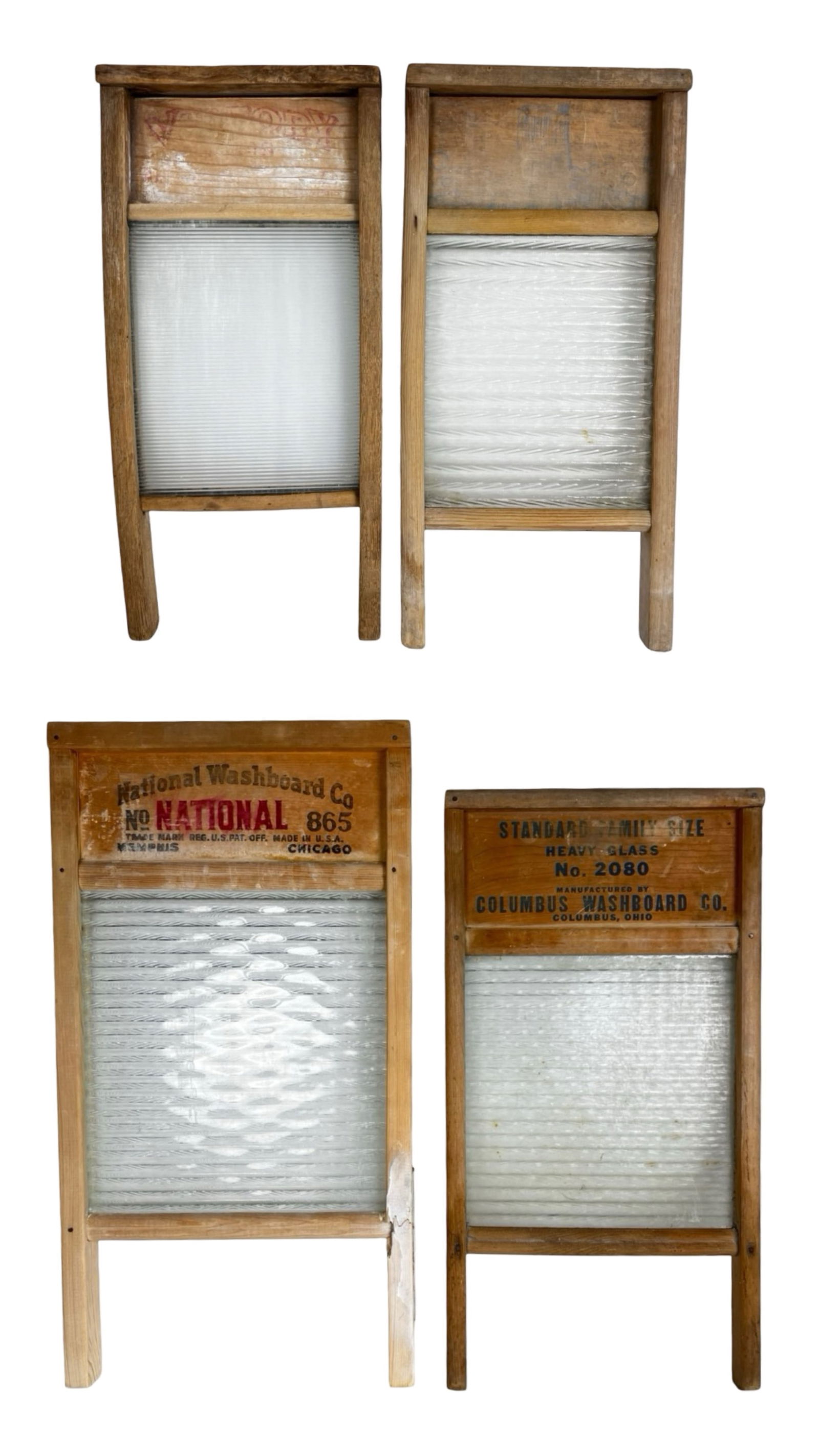 4 Antique Glass Washboards - National & Columbus: Group of four antique glass washboards with original wood frames, including:National Washboard Co. No. 865 "National" (Memphis & Chicago, Made in U.S.A.) and Standard Family Size Heavy Glass No. 2080