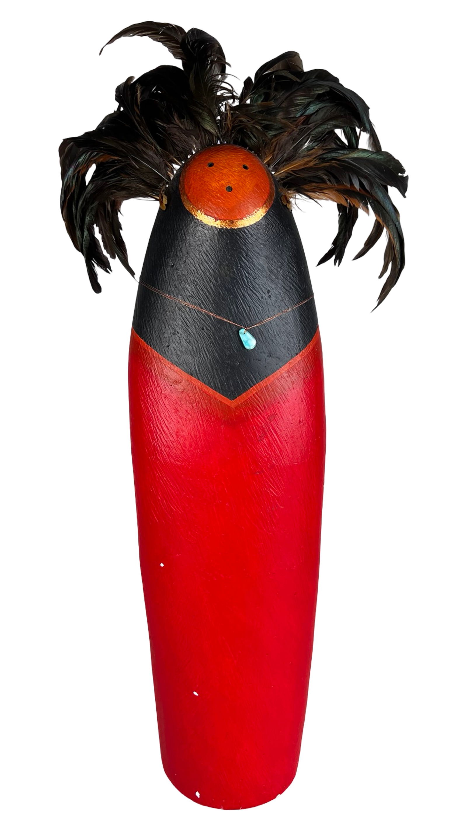 Native American Signed Kachina Doll Scarlet Shaman: Native American Kachina sculpture titled "Red Shaman," standing an impressive 27 inches tall. The figure features a striking red and black painted body, stylized face, turquoise-colored pendant
