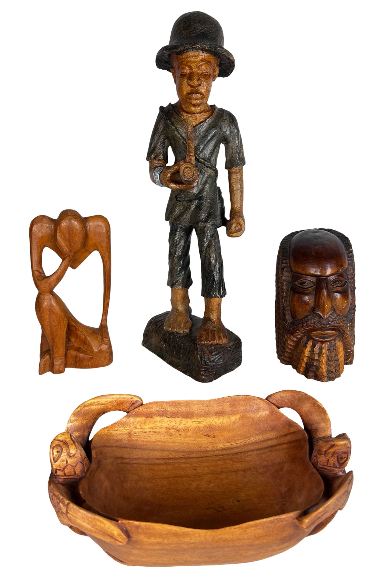 Group of Hand Carved Wood Sculptures & Turtle Bowl: Group of hand carved decorative wood pieces including a Wooden Handmade Two Turtles Fruit Decorative Bowl, an African wood carved abstract "Thinker" figure, a Jamaican bearded man sculpture, and a