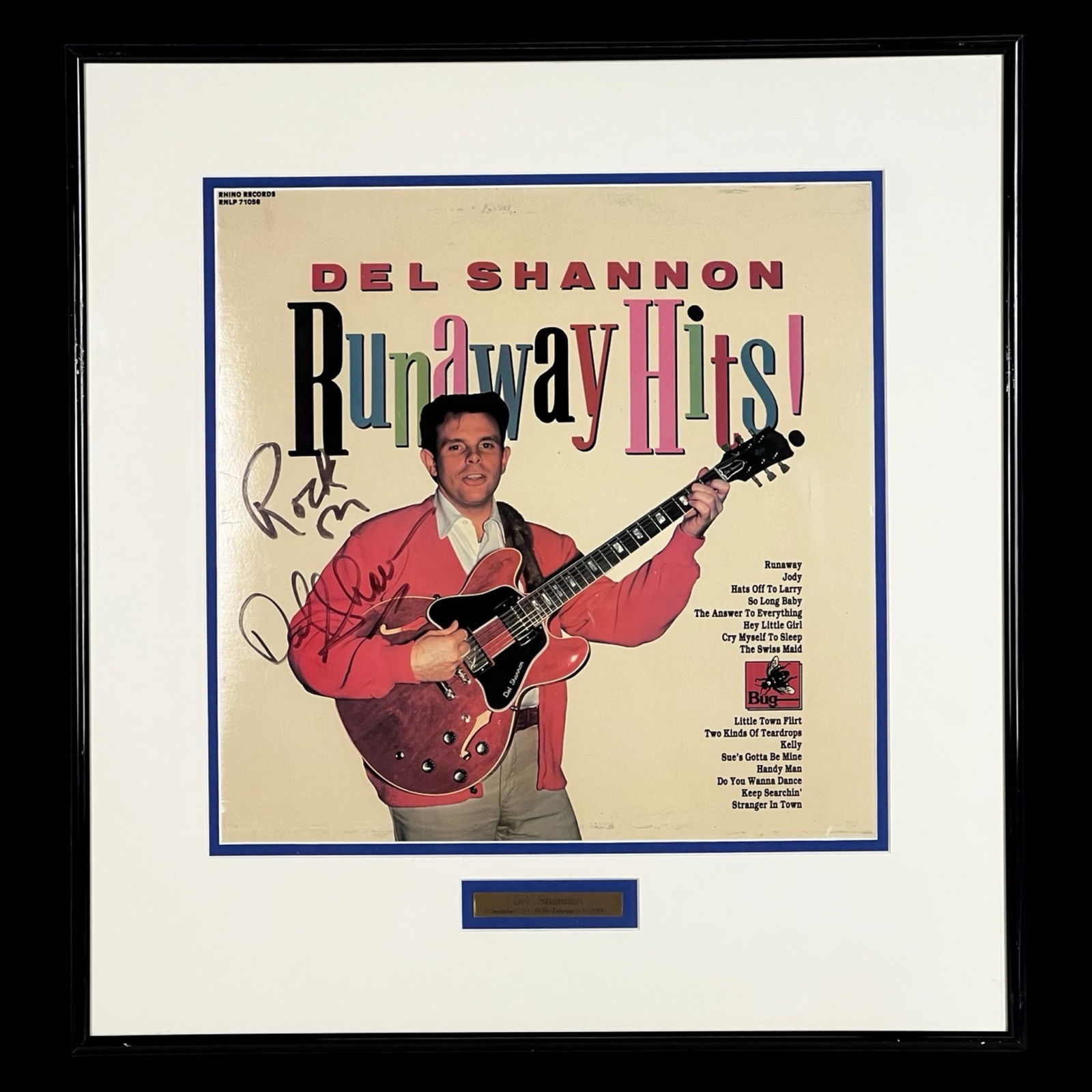 Del Shannon "Runaway Hits!" Signed Album Cover: Framed and boldly autographed copy of the Del Shannon Runaway Hits! vinyl album cover, signed prominently across the front. Featuring the rock and roll icon best known for his smash hit "Runaway,"