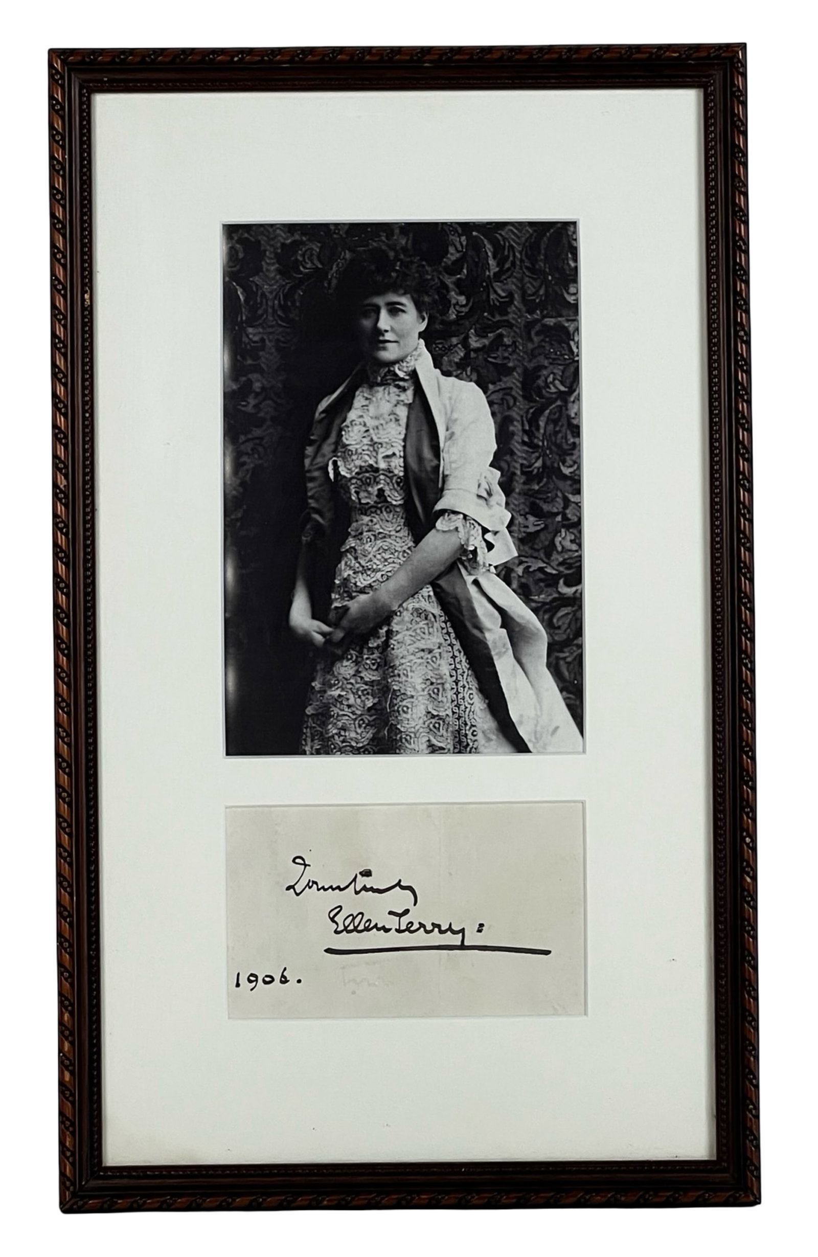Ellen Terry 1906 Autograph w/ Portrait Photograph: Framed display featuring 1906 autograph of Ellen Terry, the celebrated Shakespearean actress of the Victorian and Edwardian eras. The signature is inscribed "Ellen Terry" and dated 1906, mounted benea