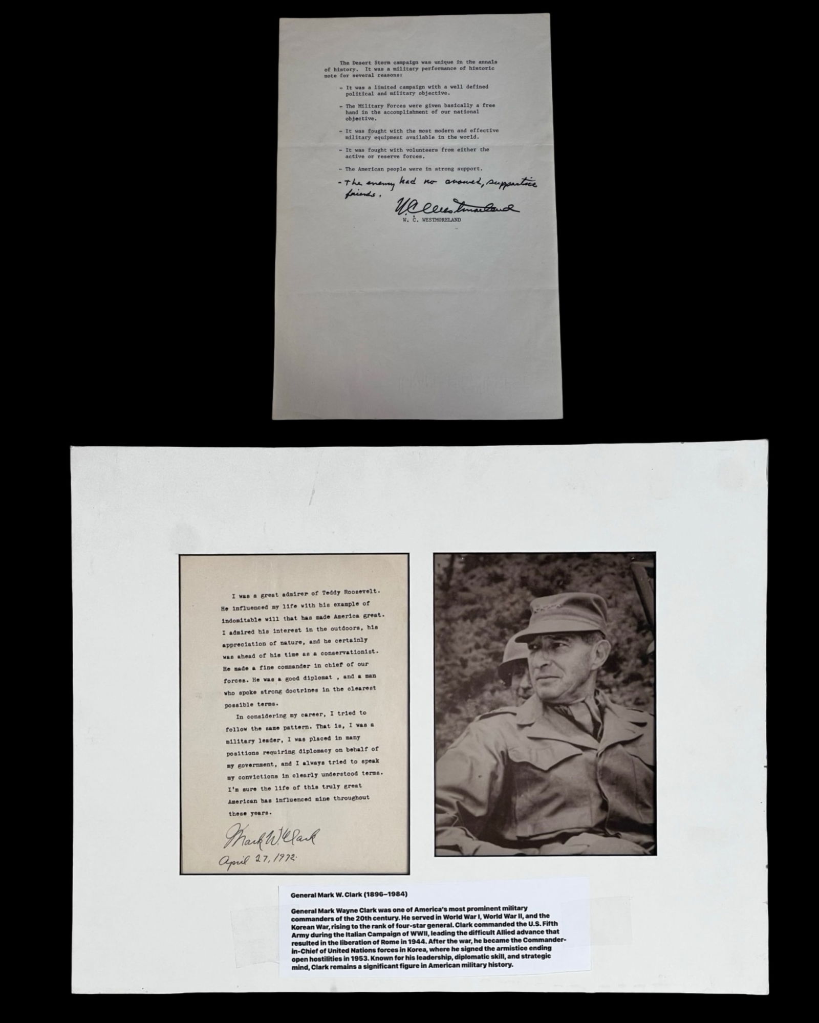 Gen. WC Westmoreland & Mark W Clark Signed Letters (1 of 6)