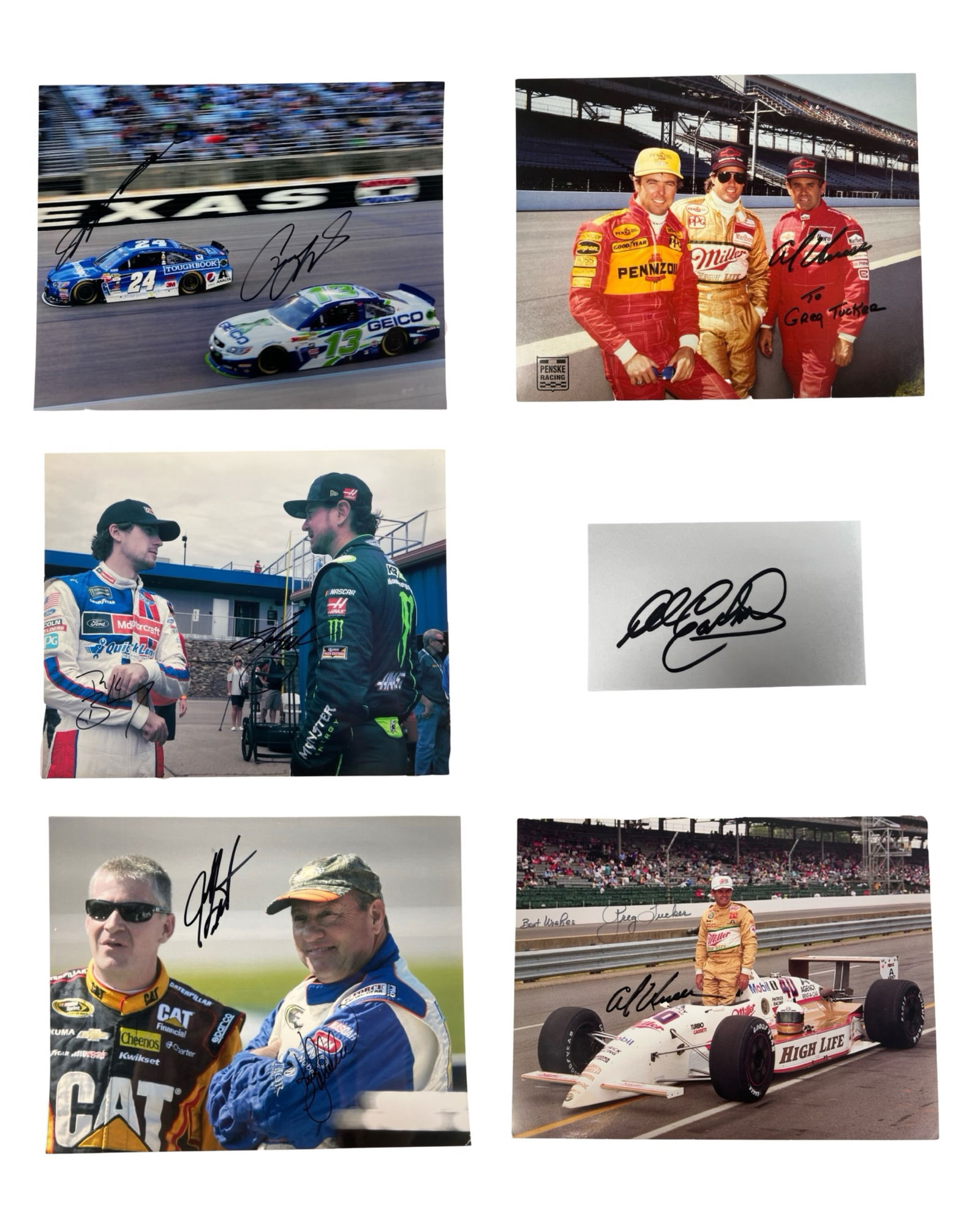 Collection of Autographed NASCAR & IndyCar Photos: Collection of signed motorsports photographs featuring several legendary NASCAR and IndyCar drivers.Included is a dynamic racing image signed by Jeff Gordon and Casey Mears, capturing the #24 and #13