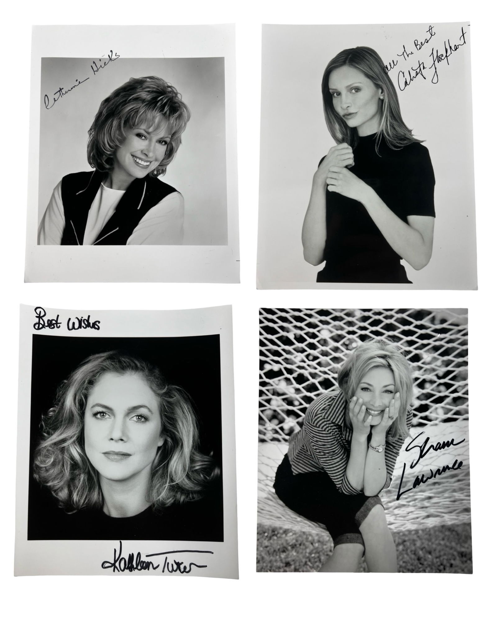 Hollywood Stars Autographed Signed Photograph: Collection of four autographed 8" x 10" black-and-white studio photographs featuring notable Hollywood actresses Catherine Hicks, Calista Flockhart, Kathleen Turner, and Sharon Lawrence. A strong