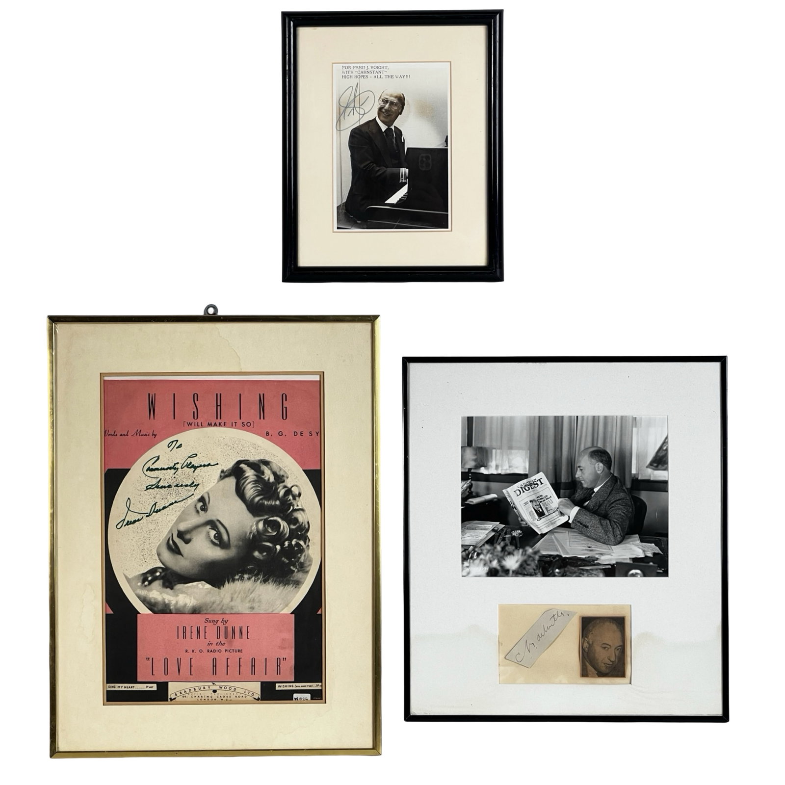 Hollywood Autographs - Cecil DeMille, Irene Dunne,: Three framed Hollywood entertainment autographs representing classic American cinema and songwriting history.The first piece features a cut signature of legendary director Cecil B. DeMille