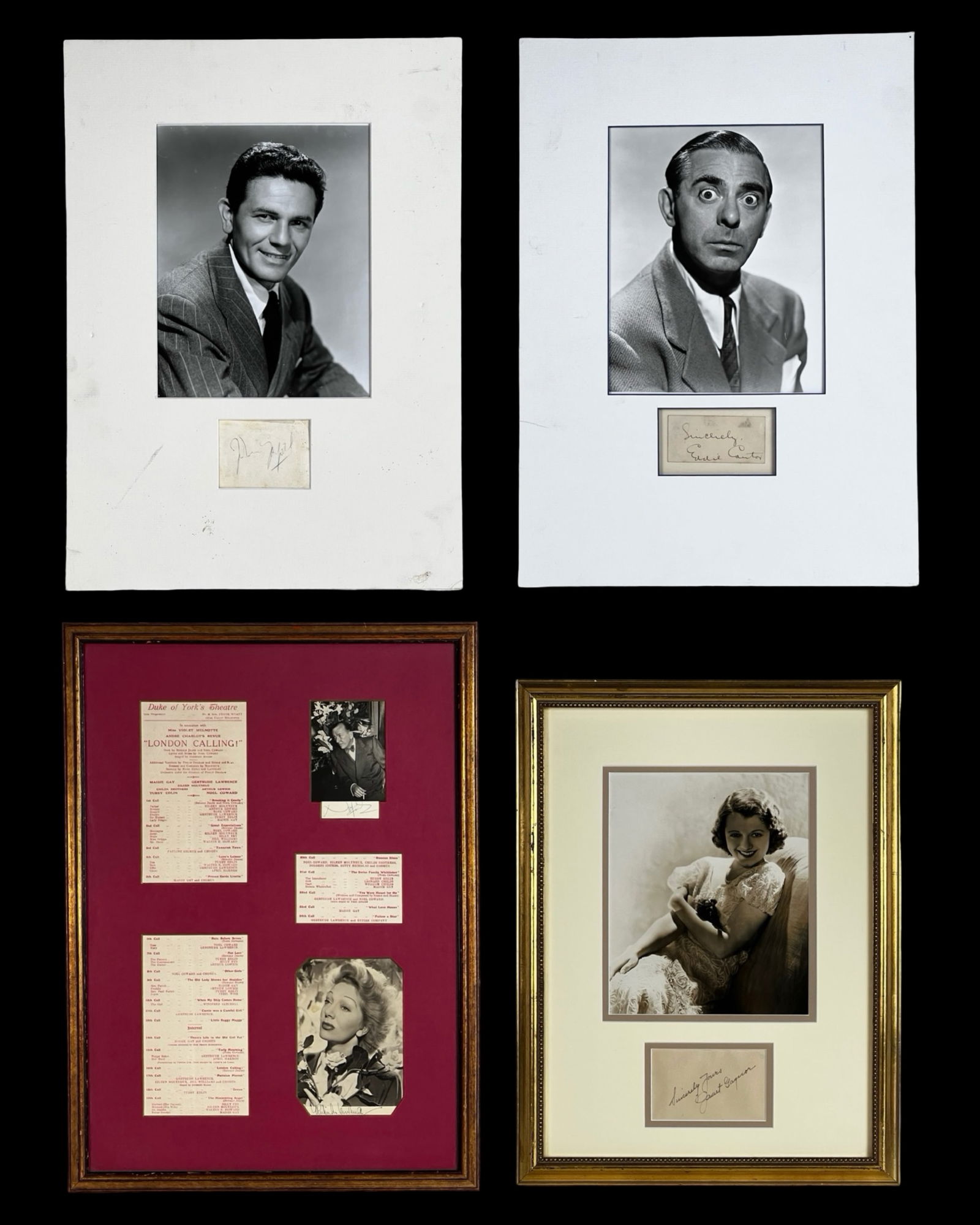 Hollywood Golden Age Autograph Collection: Collection of framed autographs representing celebrated stars of Hollywood's Golden Age and the London stage.The first piece features a signature of Academy Award-winning actress Janet Gaynor, matted