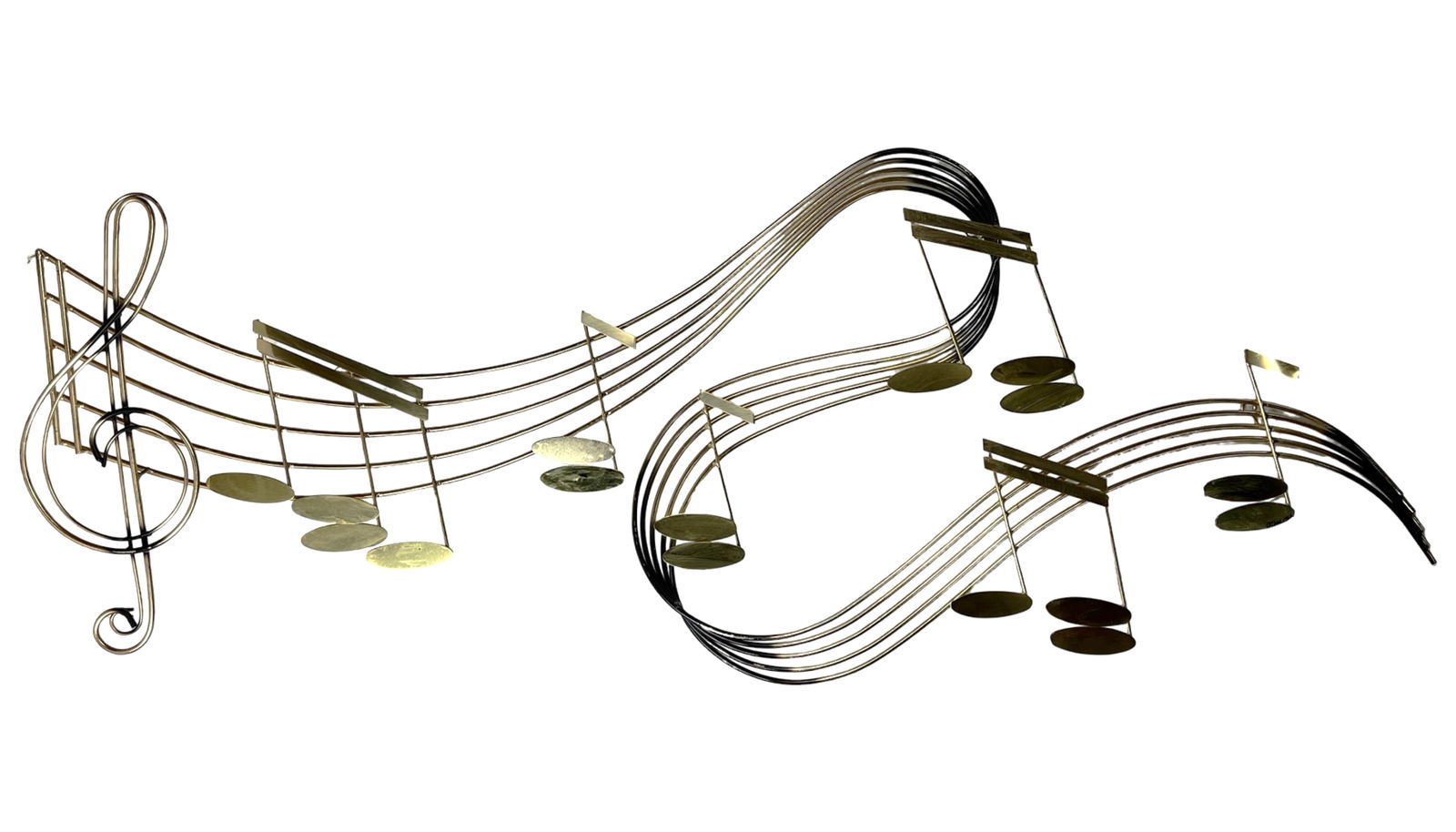 Curtis Jere 1988 Musical Notes Wall Sculpture: Striking and highly decorative Curtis Jere musical notes wall sculpture, signed and dated 1988. This large-scale metal composition features flowing staff lines and dimensional brass-tone notes