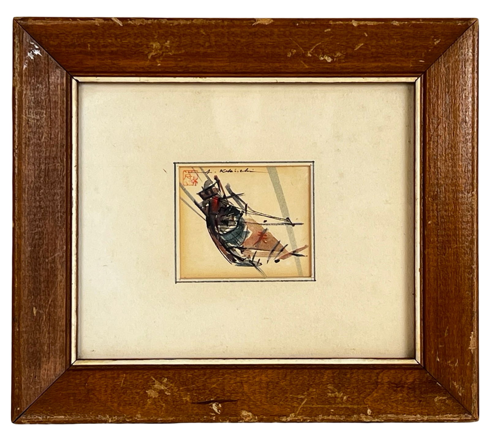 Atsushi Kikuchi -40s Modernist Abstract Watercolor: Expressive mid-20th century watercolor by Atsushi Kikuchi, executed in a dynamic Modernist abstract style with elements of Japanese avant-garde design. The composition features angular, intersecting