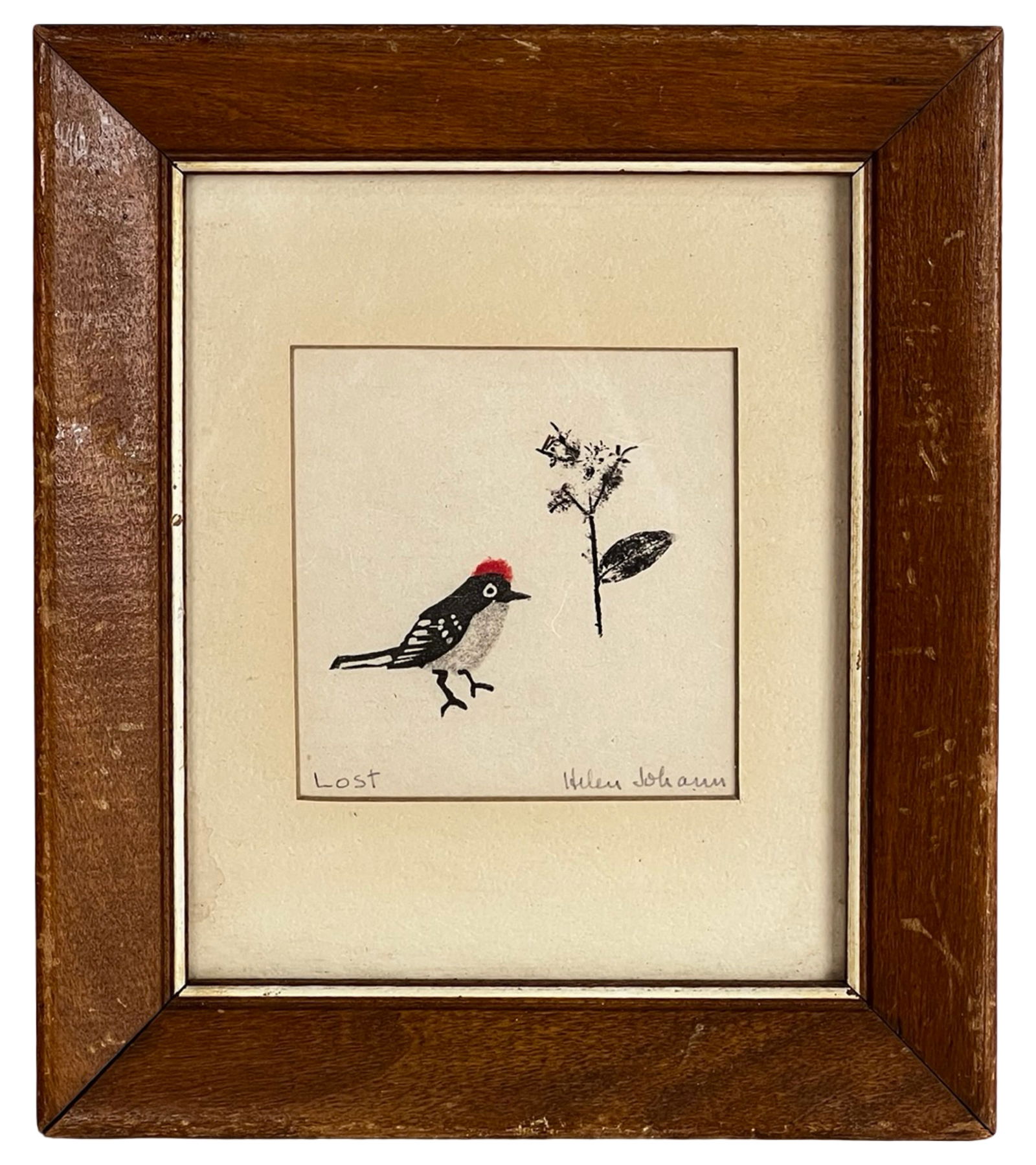 Helen Johann Folk Modernist Bird Study "Lost": harming and delicately composed work by listed Wisconsin artist Helen Johann, titled Lost. The composition features a small stylized bird with a bright red crown standing beside a simple flowering