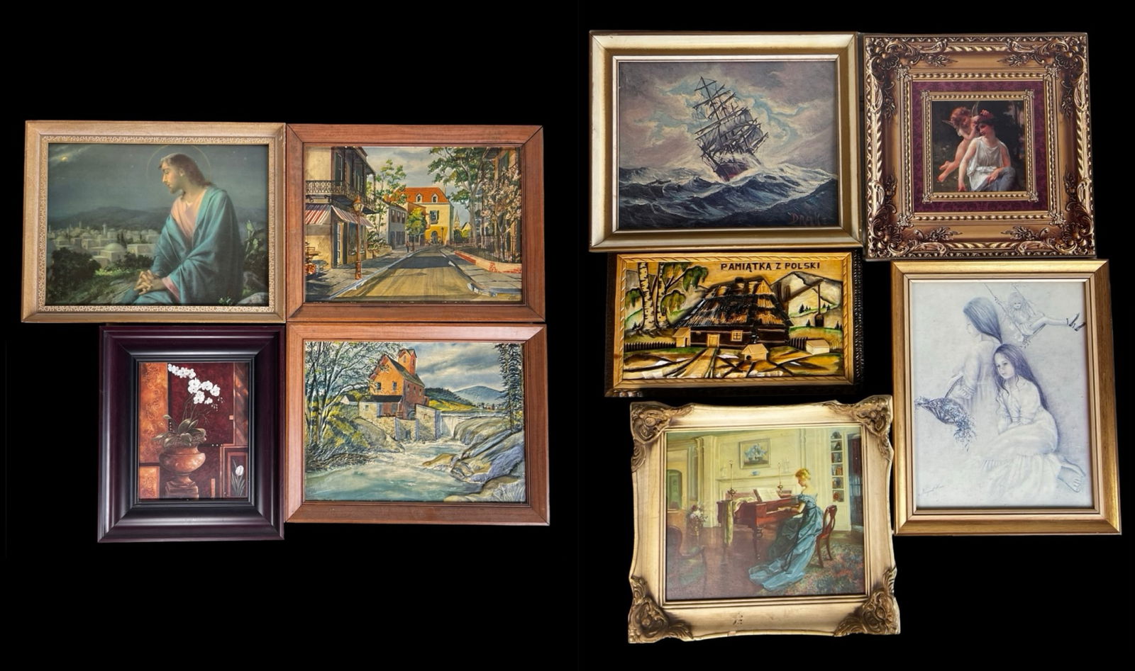 Assortment of Framed Artwork - Maritime, Figural,: Eclectic grouping of framed artwork featuring a variety of subjects and styles. The collection includes a religious portrait scene, street and countryside landscapes, a maritime ship in rough seas, a