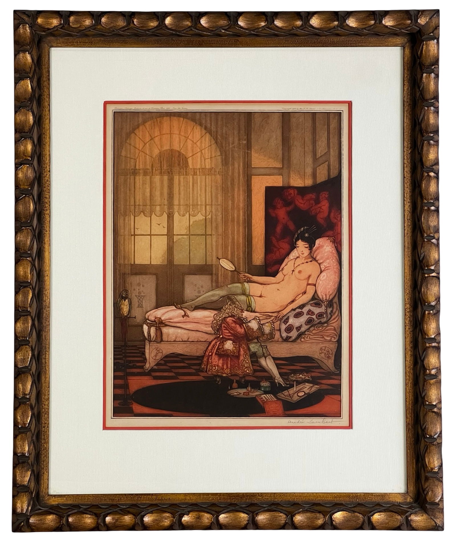 Andre Lambert "Lust" 1921 Hand-Signed Engraving: Striking original 1921 engraving titled "Lust" from the celebrated series The Seven Deadly Sins by Andre Lambert. This finely detailed composition exemplifies Lambert's mastery of line, atmosphere,