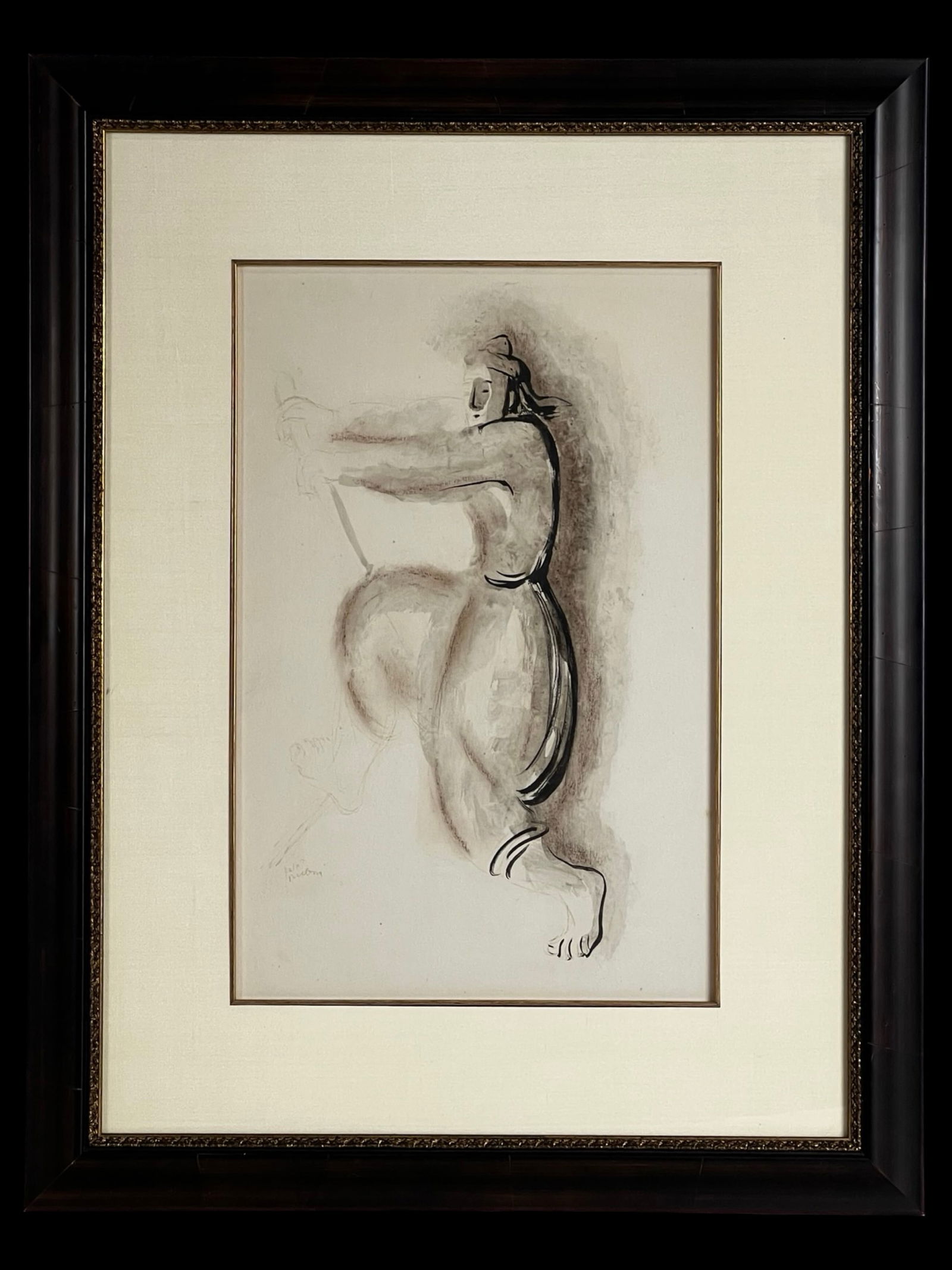 Ruben Rubin 1924 Figurative Ink & Wash Drawing: Expressive early modernist ink and wash drawing by renowned Israeli artist Ruben Rubin, signed lower left and dated 1924 (per inscription on verso). The composition depicts a dynamic standing figure
