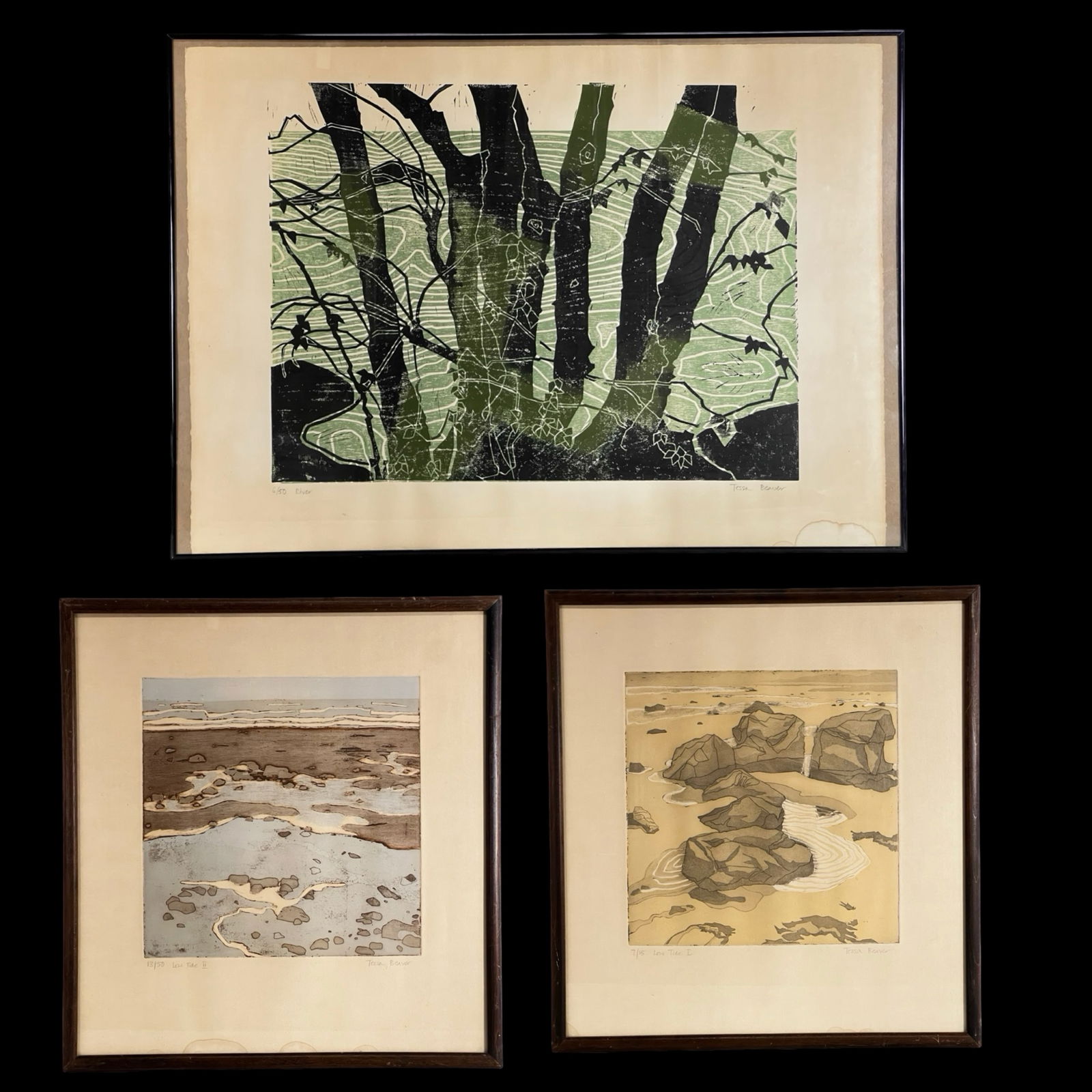Tessa Beaver -3 Signed LE Aquatint Etchings: Group of three signed limited edition aquatint etchings by Tessa Beaver, featuring stylized natural landscapes rendered in subtle earth tones and layered textures. Titles include River (edition 6/50)