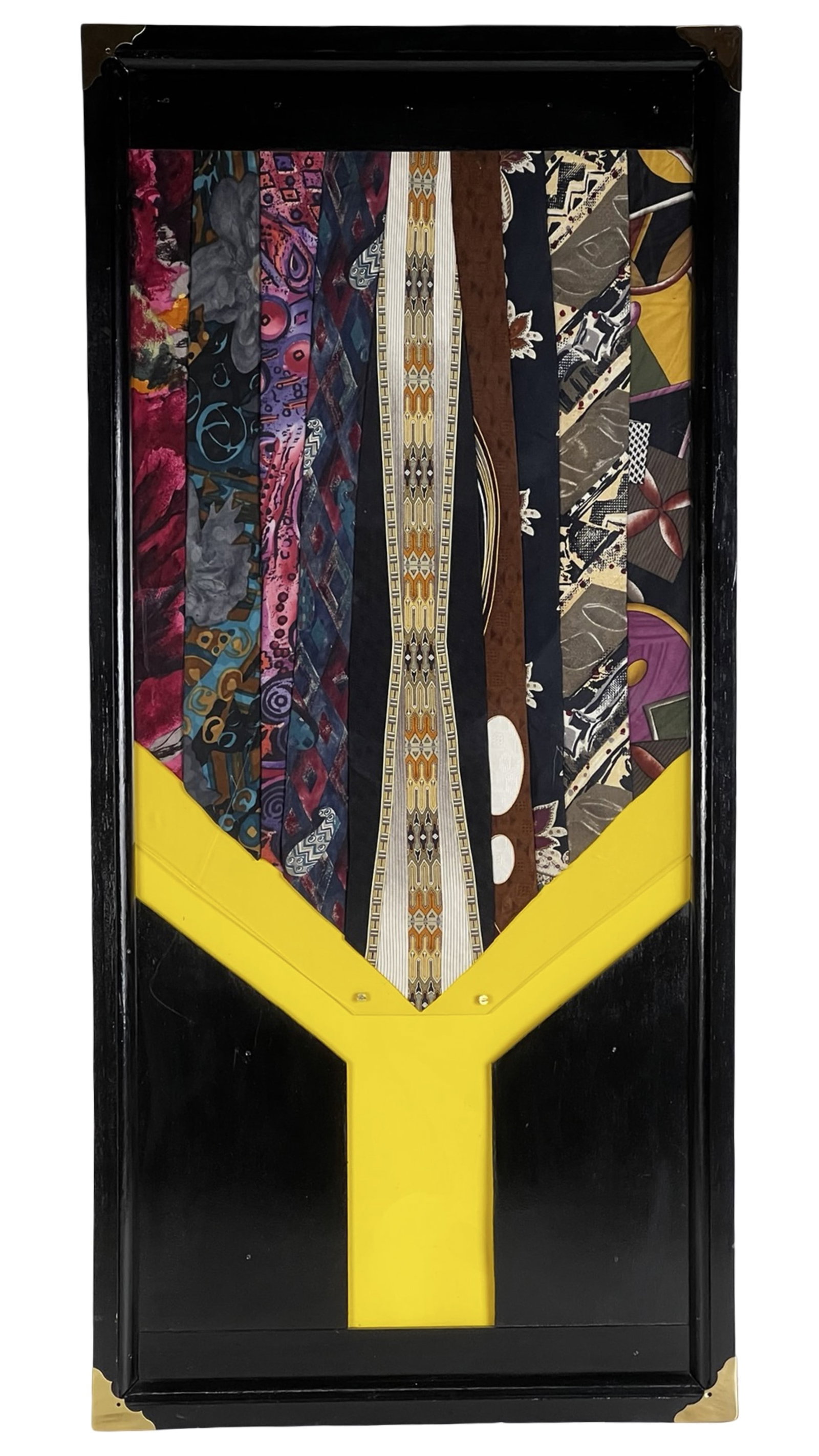 Beth Hobby Contemporary Tie Mixed Media Wall Art: Striking contemporary mixed media wall art by listed Illinois artist Beth Hobby, titled Aqua Blue Tie. This bold vertical composition features layered necktie fabrics arranged in a dynamic chevron