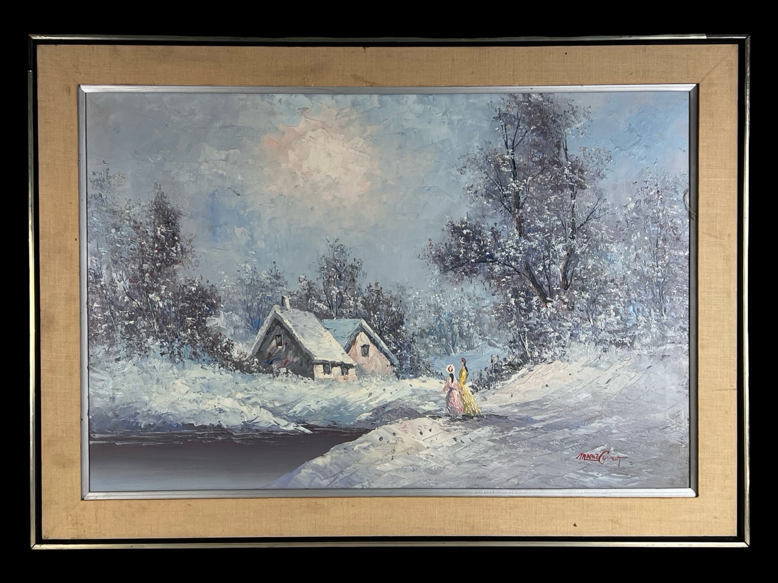 Marie Charlot Winter Countryside Oil Painting: Charming winter landscape oil painting by Marie Charlot, signed lower right. This serene countryside scene depicts a snow covered cottage nestled among frost laden trees beneath a pale winter sky.