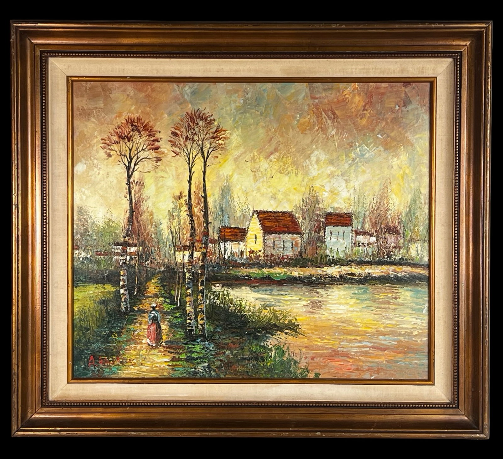 Countryside Landscape Oil Painting: Impressionistic countryside landscape oil painting depicting a tranquil rural setting with cottages along a reflective riverbank. Tall slender trees frame a winding path where a lone figure walks