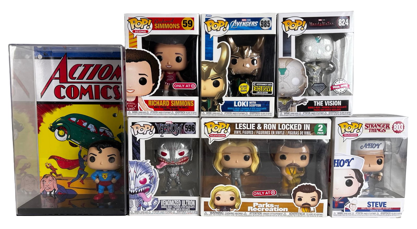 Funko Pop & Action Comics Collectible Lot: Eye-catching mixed lot of Funko Pop vinyl figures along with an Action Comics Superman display piece housed in a protective case, all appearing mint in box. This crossover selection spans Marvel, DC,