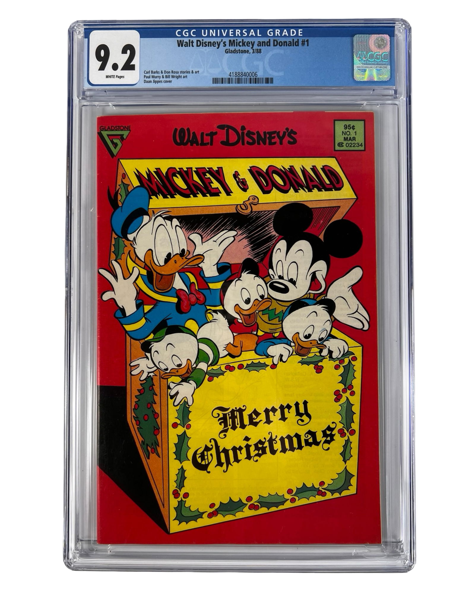 Walt Disney's Mickey and Donald #1 CGC 9.2 Comic: Walt Disney's Mickey and Donald #1, published by Gladstone in March 1988, professionally graded CGC 9.2 (Near Mint-) with White Pages. This debut issue features classic Disney storytelling by legendar