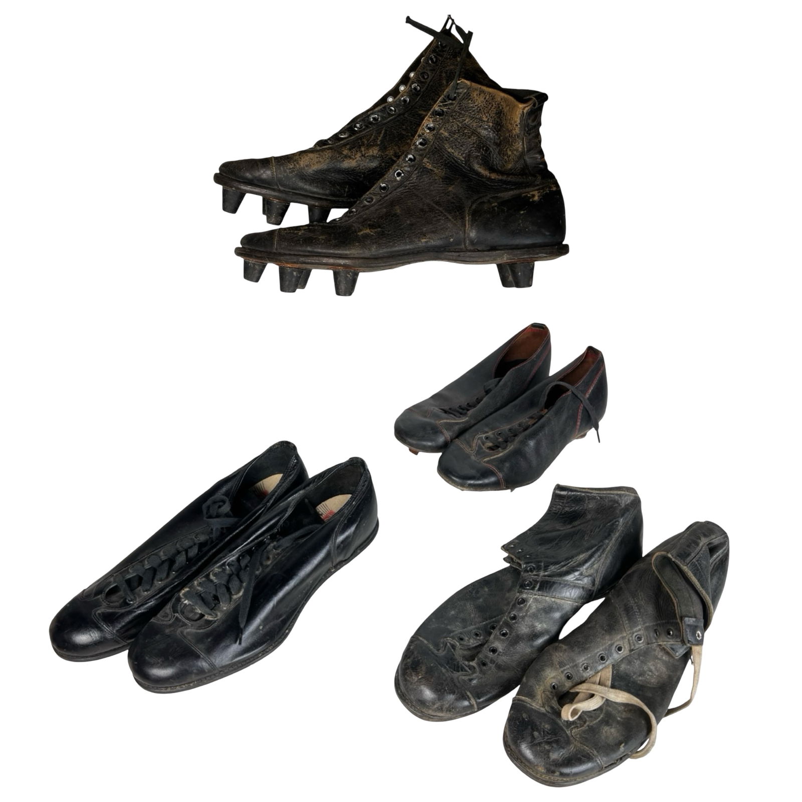 roup of 1930s-1940s Football & Baseball Cleats: four pairs of original 1930s-1940s athletic cleats, including early football and baseball examples. Black leather uppers with high-top and low-cut styles, metal screw-in and fixed stud soles, and